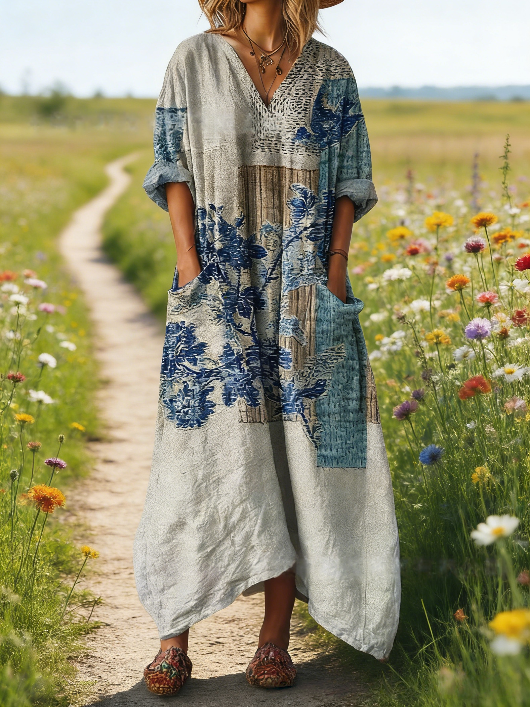 Damen Boho-Maxikleid im Vintage-Stil Weiß: Blaues Retro-Blumenmuster, V-Ausschnitt & Praktische Taschen, Bequeme Passform, Ganzjährig S-5XL