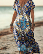 Boho Maxikleid Damen Bunt: Blau-Gelb Ethnic Print, V-Ausschnitt, S-3XL, Ganzjährig