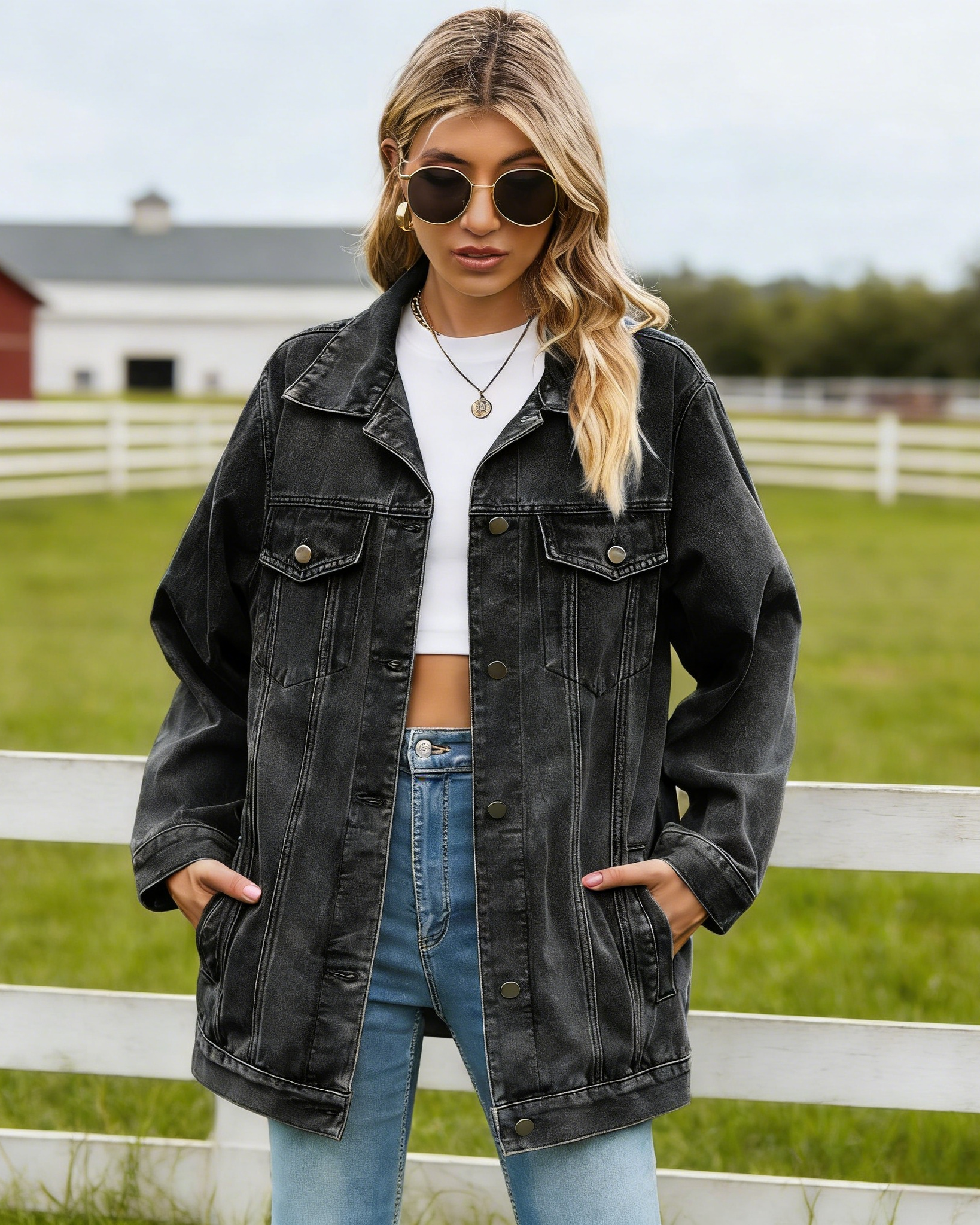 Damen Jeansjacke Waschschwarz Oversized: Klassische Denim-Jacke im Vintage-Look, Lockere Passform mit Taschen, Casual Übergangsjacke, Ganzjährig S-2XL