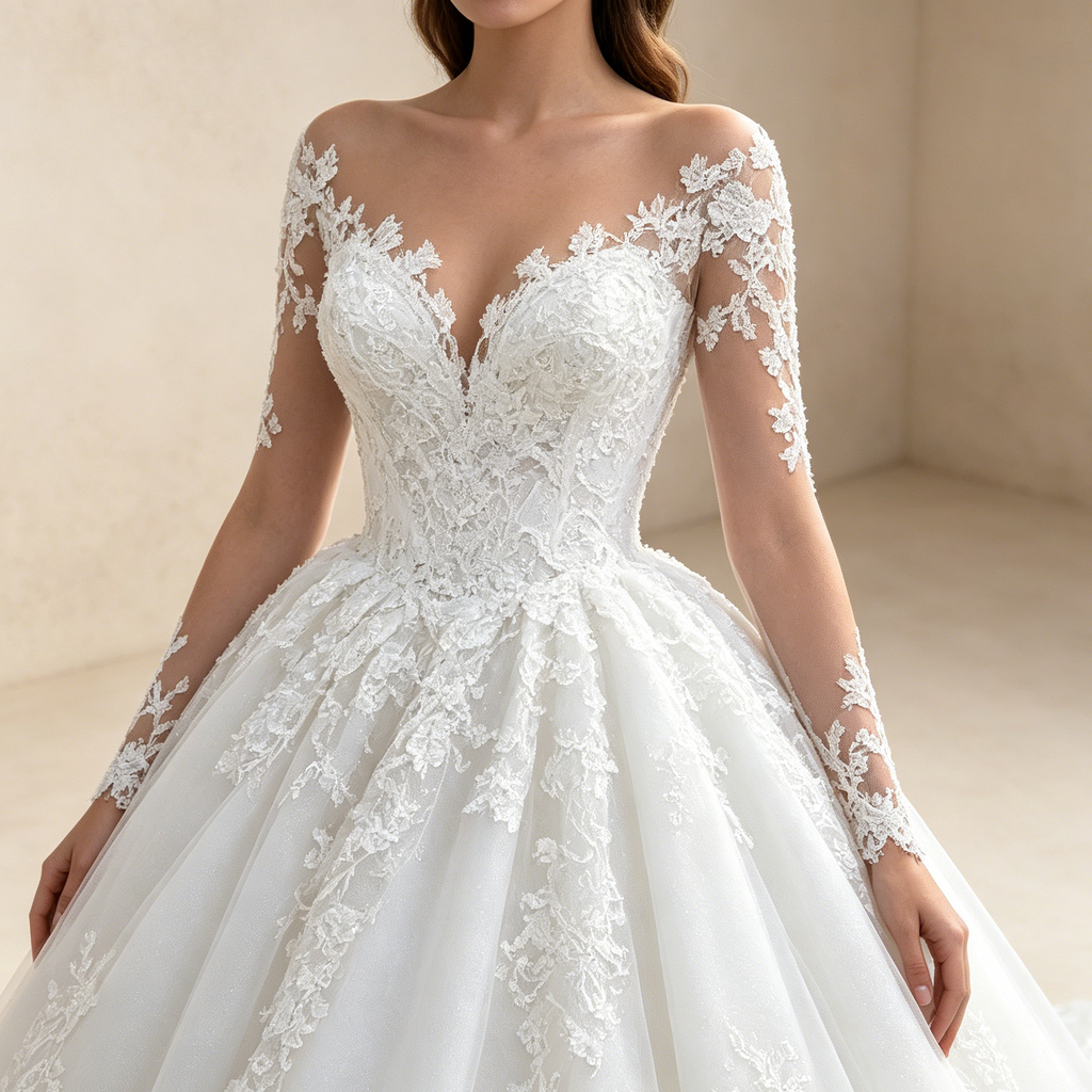 Elegantes A-Linien Abendkleid mit Schleppe Weiß | Prinzessin Ballkleid mit Langen Spitzenärmeln, Tüll & Transparentem Illusion-Ausschnitt