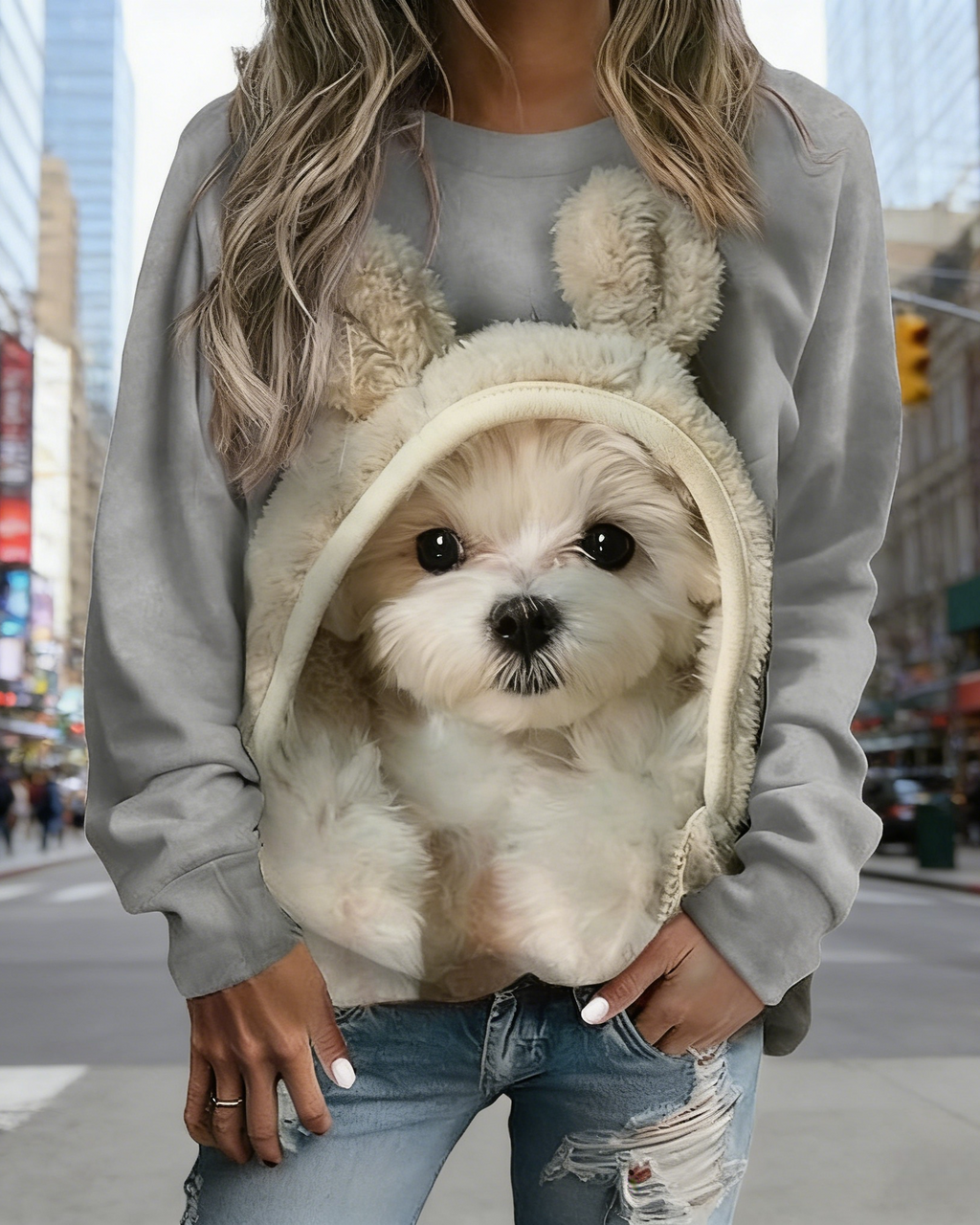 Damen Sweatshirt mit 3D-Hundemotiv Grau: Süßer Welpe mit Hasenohren-Mütze, Kawaii Grafik-Print, Rundhals & Loose Fit, Ganzjährig S-5XL