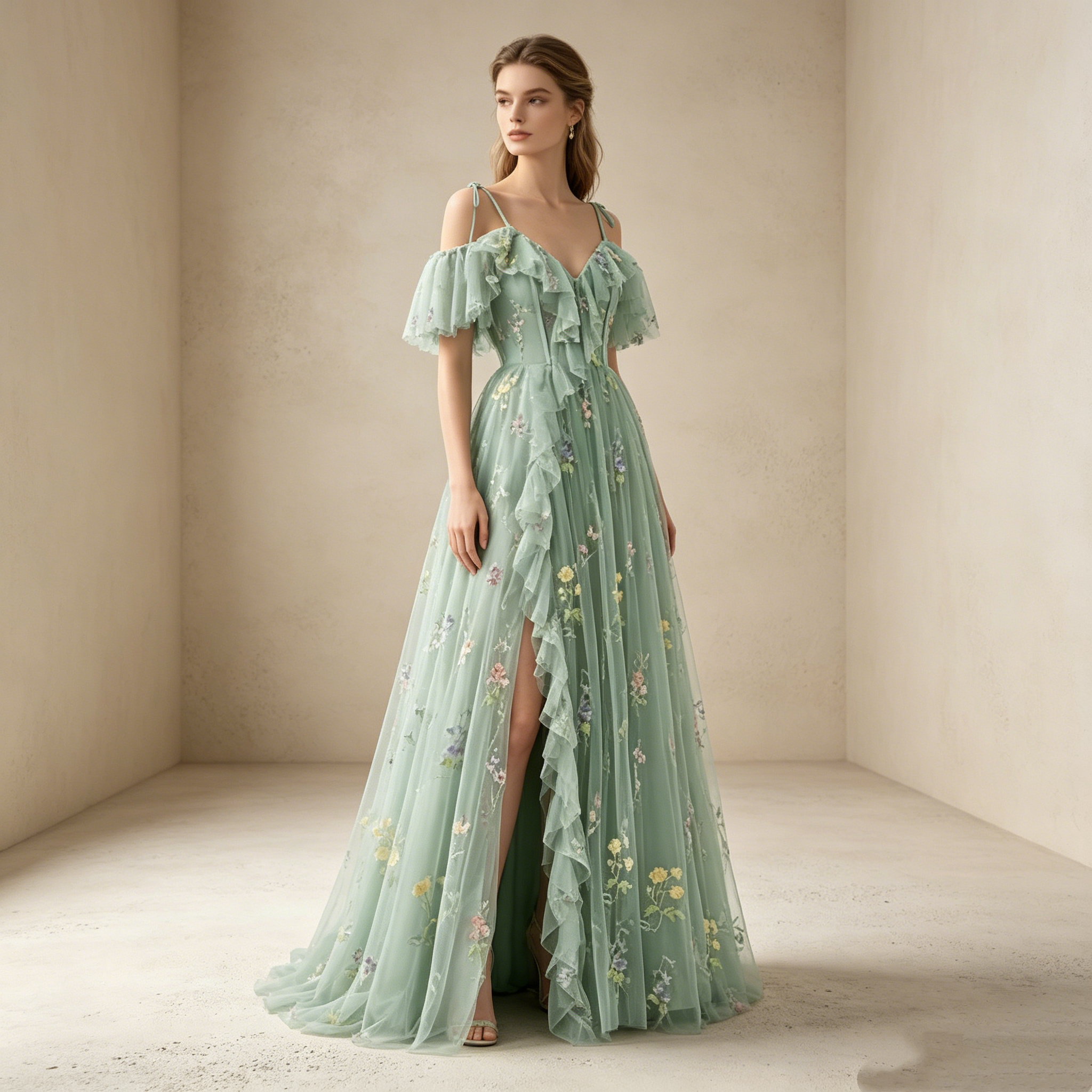 Elegantes Off-Shoulder Abendkleid lang mit Rüschen | Florales Festkleid Tüll