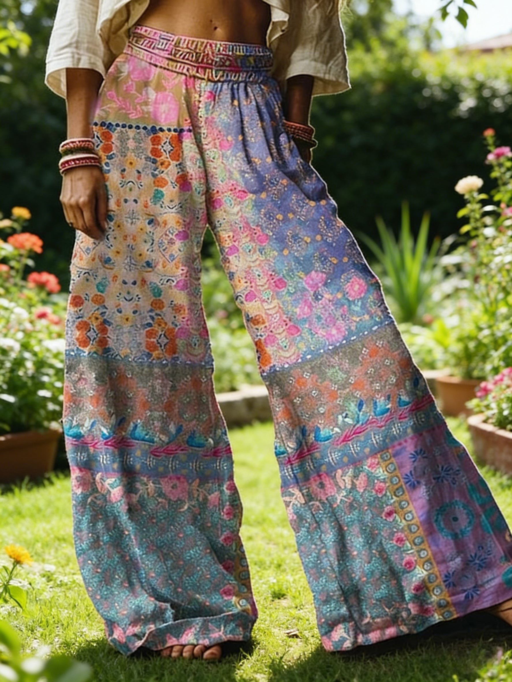 Boho Damen Weite Hose Bunt: Hippie Palazzo-Hose mit Ethno-Blumenprint, High Waist Sommerhose für Urlaub & Festival S-5XL