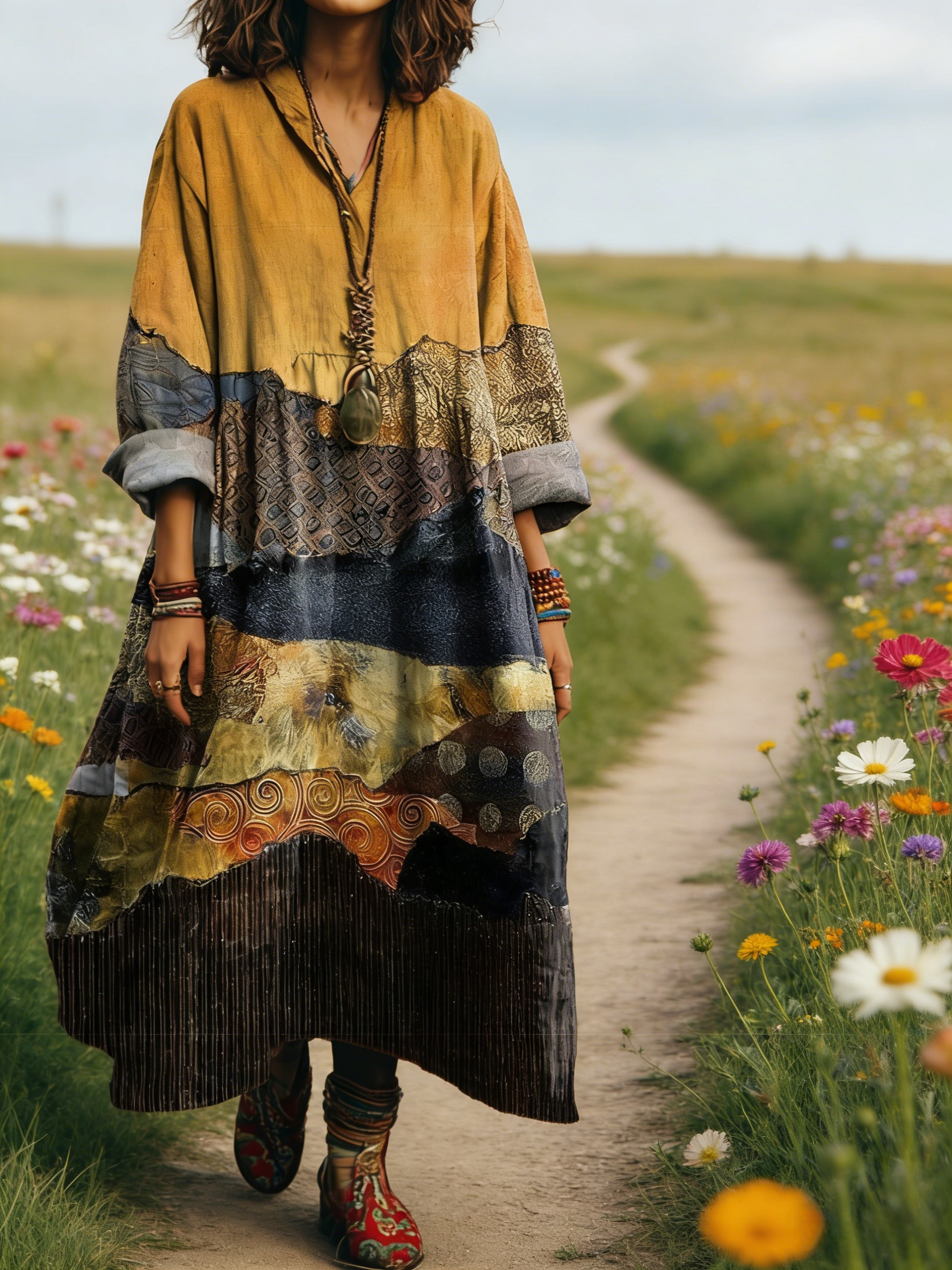 Damen Boho-Maxikleid im Vintage-Stil Senfgelb: Kunstvoller Patchwork-Print, V-Ausschnitt & Praktische Taschen, Bequeme Passform, Ganzjährig S-5XL