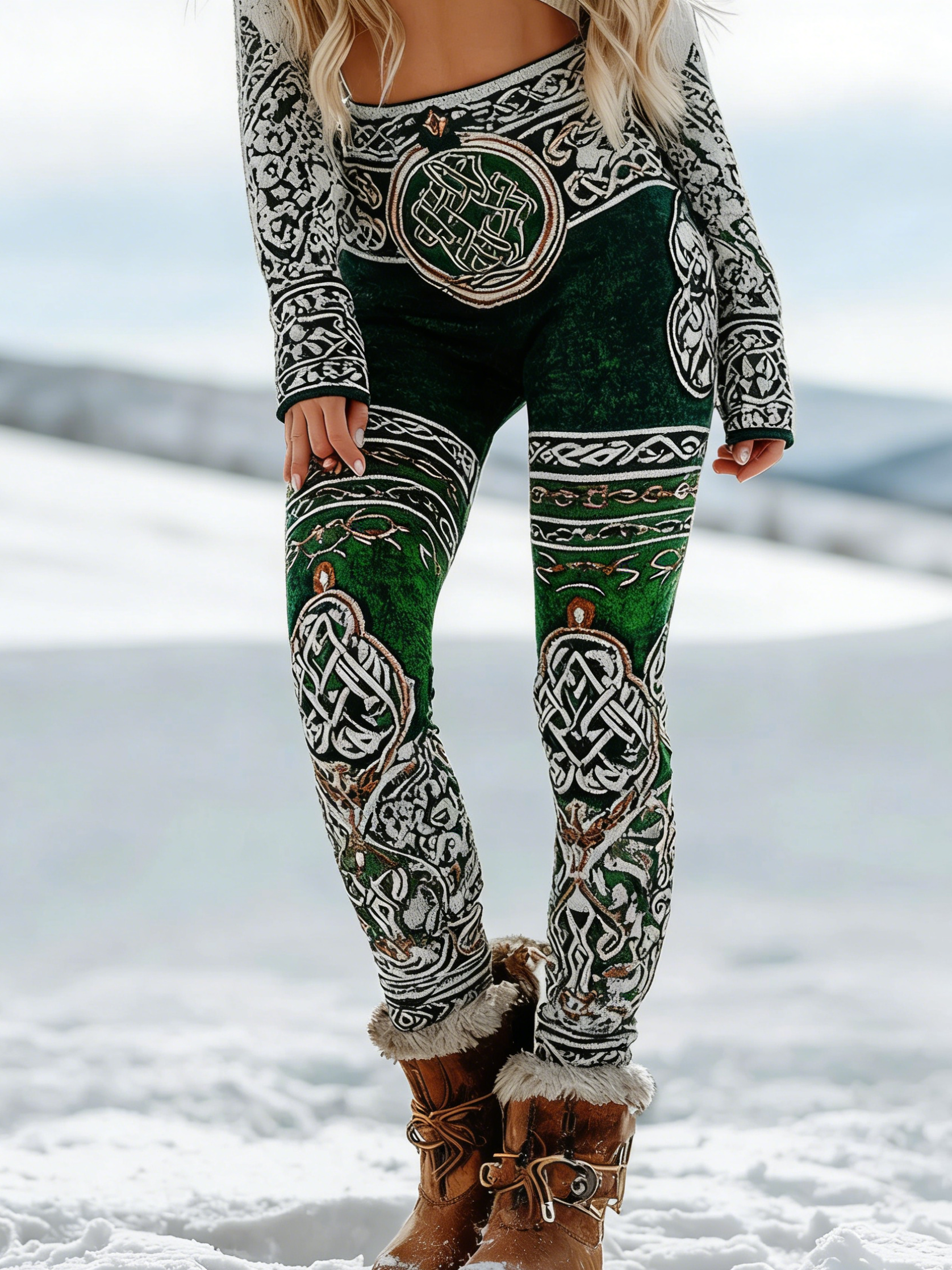 Viking Leggings Schwarz: 3D-Druck Keltisch, Vintage Muster, Shaping, Bund S-5XL