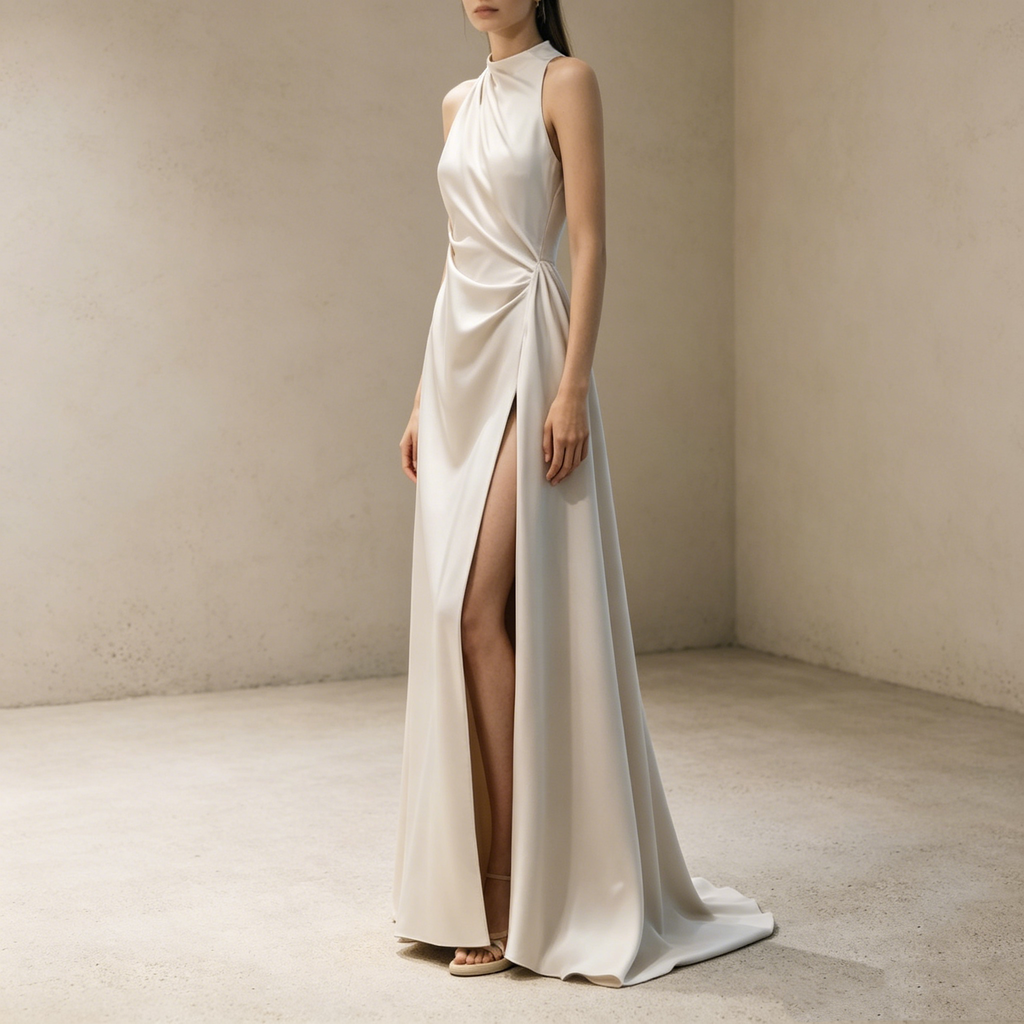 Halterneck Satin Abendkleid Elegant Maxi mit Beinschlitz Neckholder Ballkleid Ärmellos Bodenlang für Damen