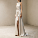 Halterneck Satin Abendkleid Elegant Maxi mit Beinschlitz Neckholder Ballkleid Ärmellos Bodenlang für Damen