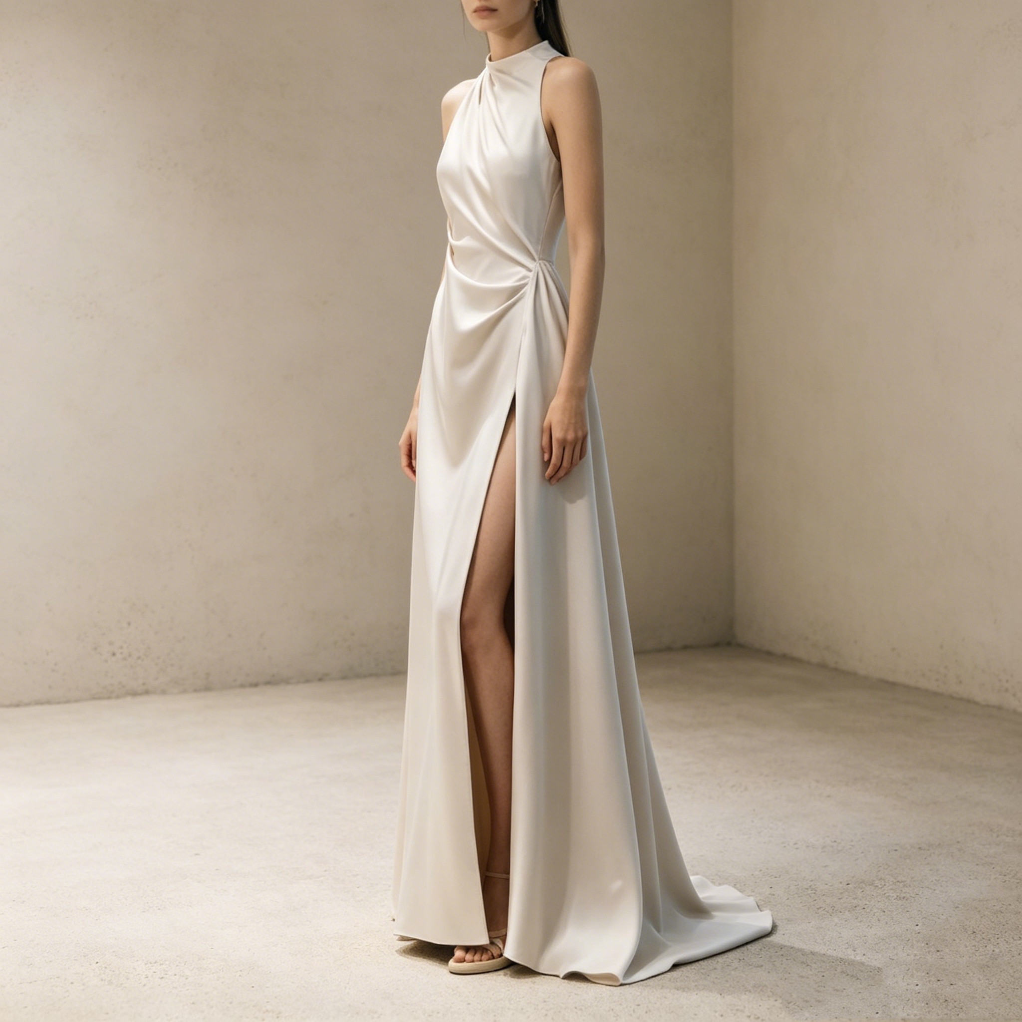 Halterneck Satin Abendkleid Elegant Maxi mit Beinschlitz Neckholder Ballkleid Ärmellos Bodenlang für Damen
