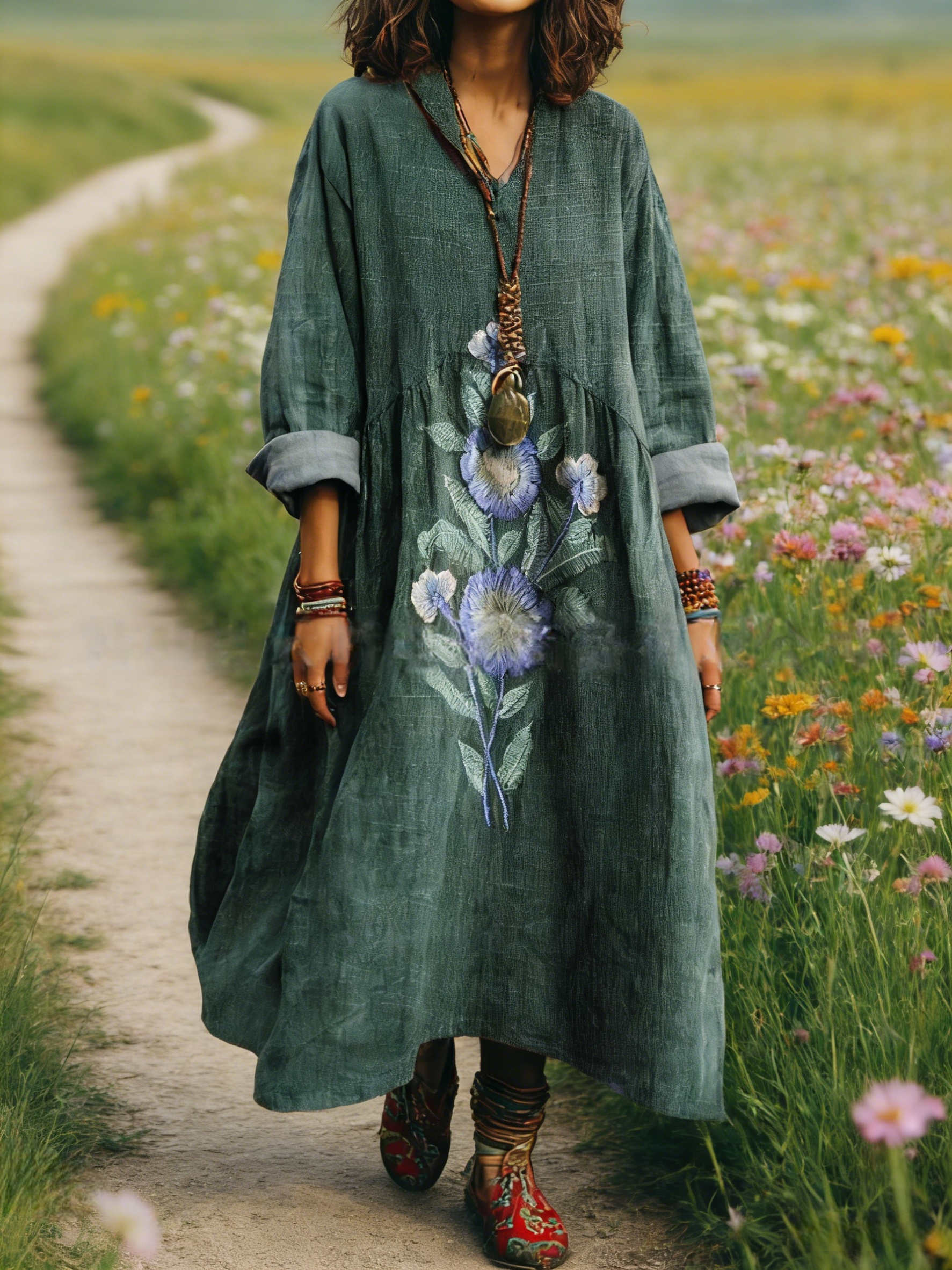 Damen Boho-Maxikleid im Vintage-Stil Dunkelgrün: Kunstvoller Blumen-Print, V-Ausschnitt & Praktische Taschen, Bequeme Passform, Ganzjährig S-5XL