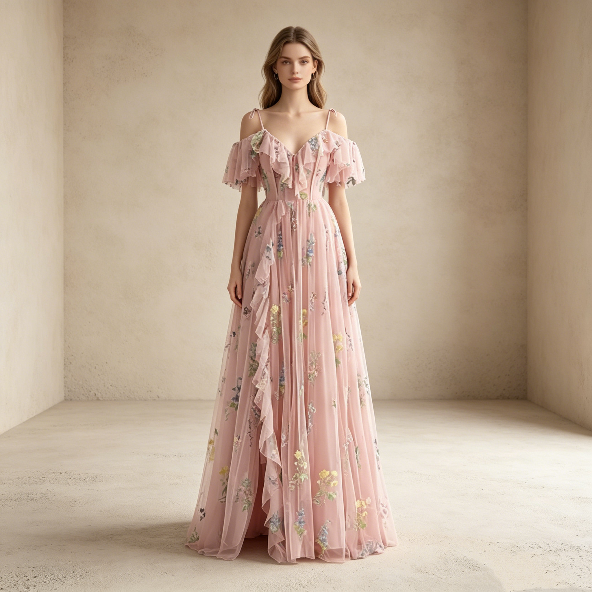 Elegantes Off-Shoulder Abendkleid lang mit Rüschen | Florales Festkleid Tüll