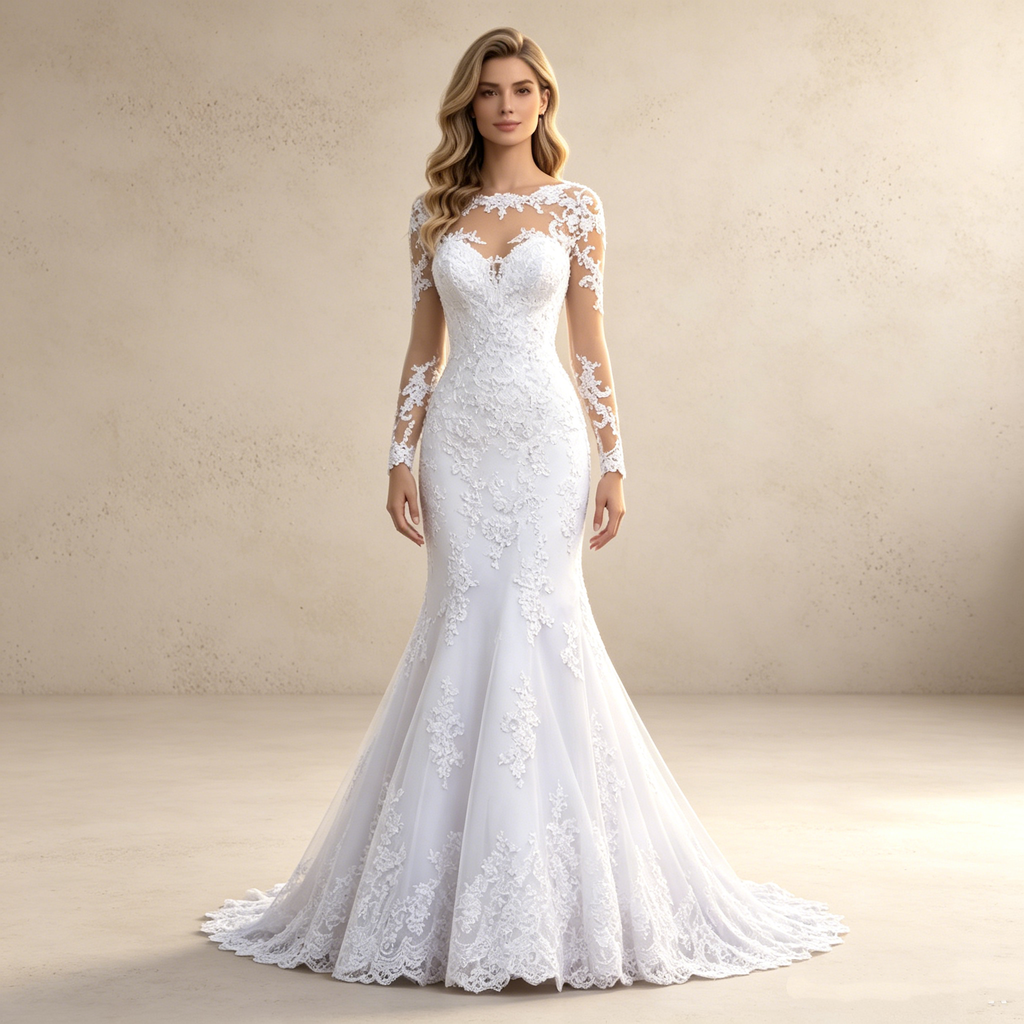 Elegantes Meerjungfrau Abendkleid in Weiß mit Schleppe | Figurbetontes Spitzenkleid mit Langen Ärmeln und Transparentem Ausschnitt