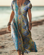 Boho Maxikleid Damen Bunt: Lila-Gelb Ethno Print, V-Ausschnitt, S-3XL, Ganzjährig