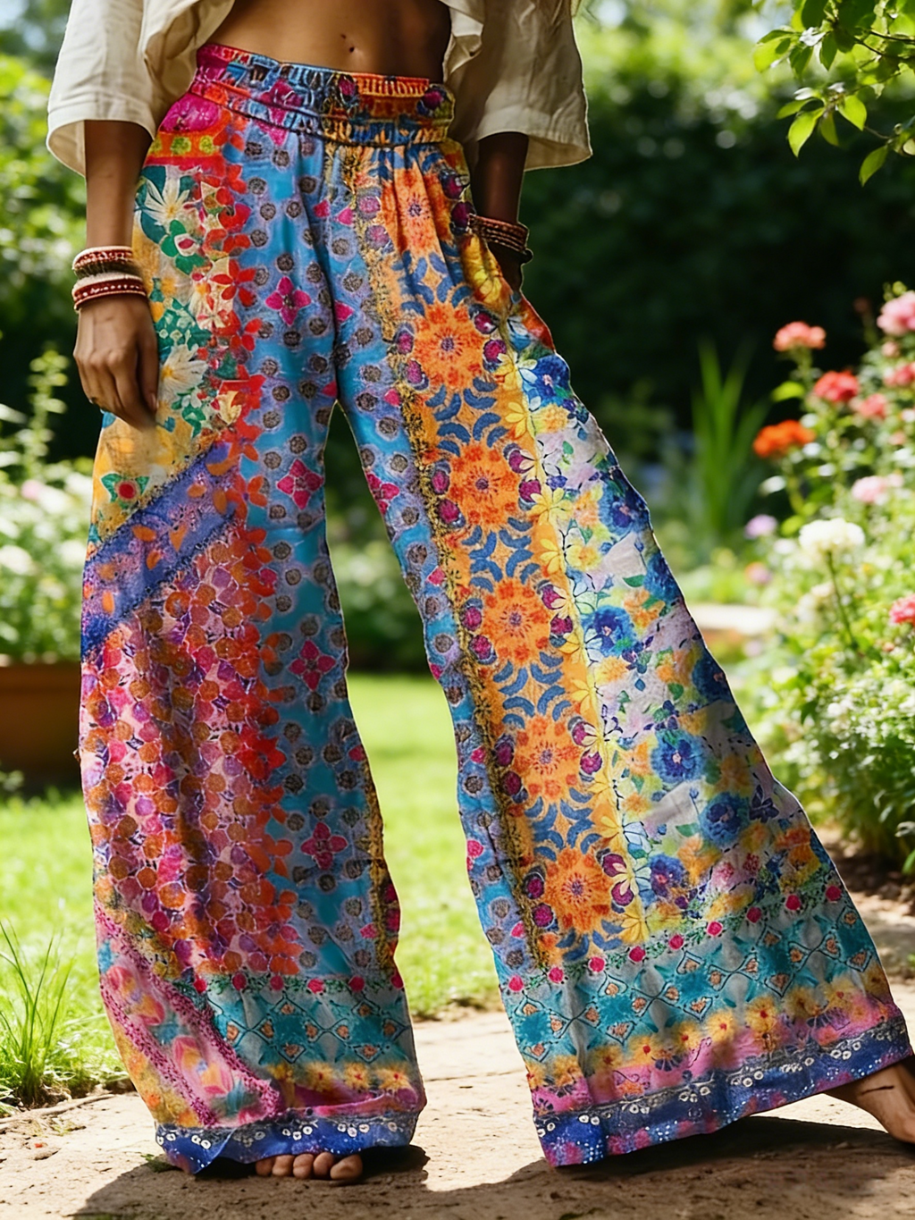 Boho Damen Weite Hose Bunt: Hippie Palazzo-Hose mit Ethno-Blumenprint, High Waist Sommerhose für Urlaub & Strand S-5XL