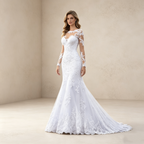 Elegantes Meerjungfrau Abendkleid in Weiß mit Schleppe | Figurbetontes Spitzenkleid mit Langen Ärmeln und Transparentem Ausschnitt
