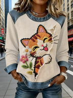 Damen Sweatshirt mit 3D-Katzenmotiv & Blumen: Vintage Denim-Optik in Beige/Blau, Retro-Stickerei-Print, Rundhals & Loose Fit, Ganzjährig S-5XL
