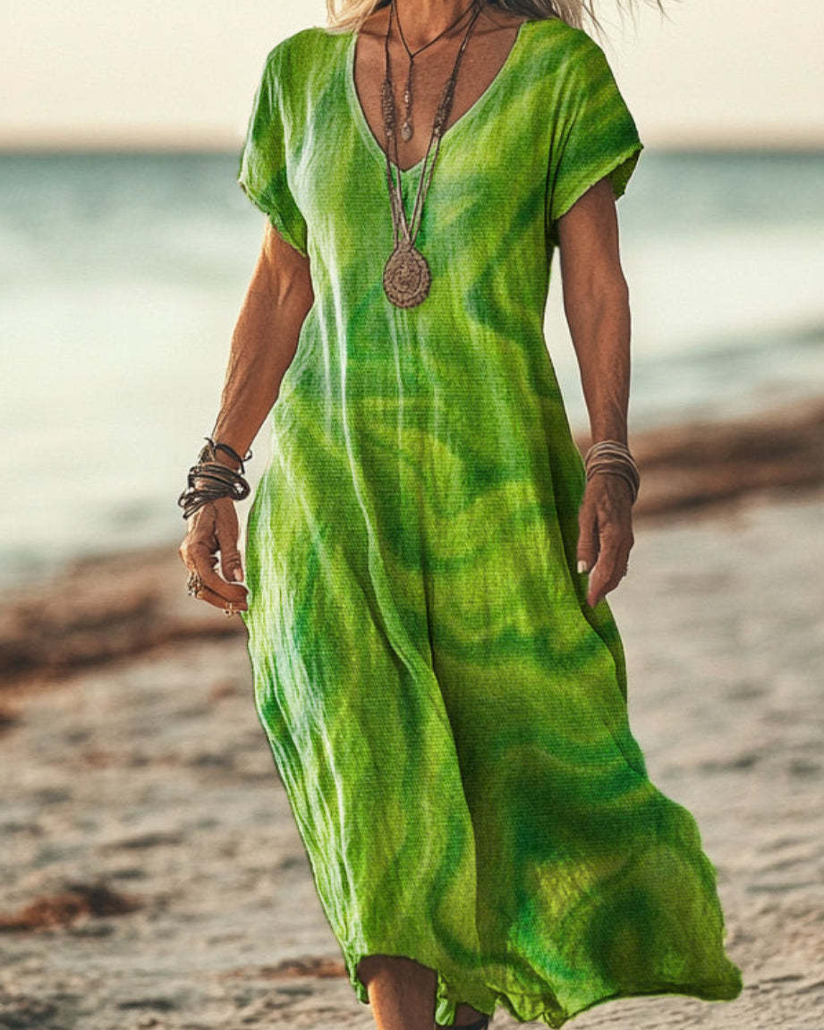 Boho Maxikleid Damen Bunt: Hellgrün Batik-Look, V-Ausschnitt, S-3XL, Ganzjährig