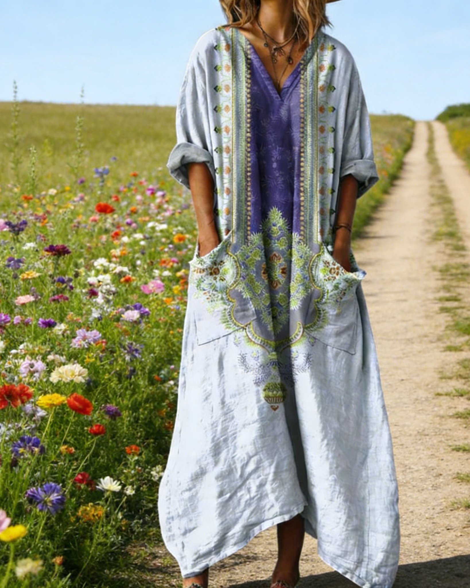 Damen Boho-Maxikleid im Vintage-Stil Lavendel: Symmetrischer Ethno-Print, V-Ausschnitt & Praktische Taschen, Bequeme Passform, Ganzjährig S-5XL