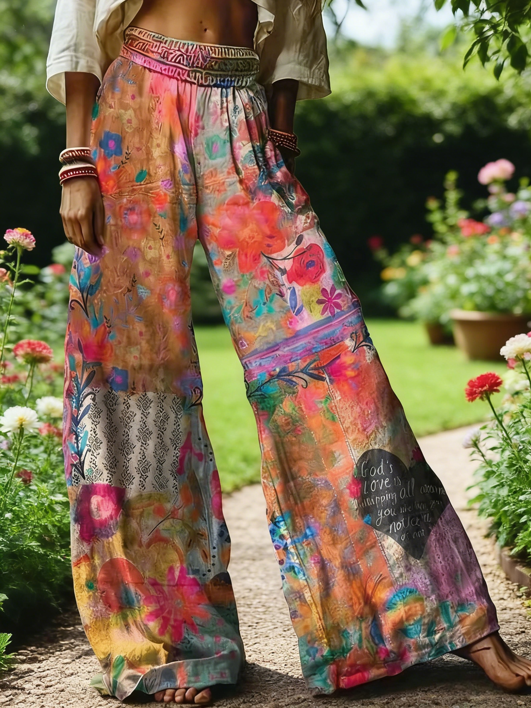 Boho Damen Weite Hose Orange-Bunt: Hippie Palazzo-Hose mit Ethno-Blumenprint, High Waist Freizeithose für Urlaub & Yoga S-5XL