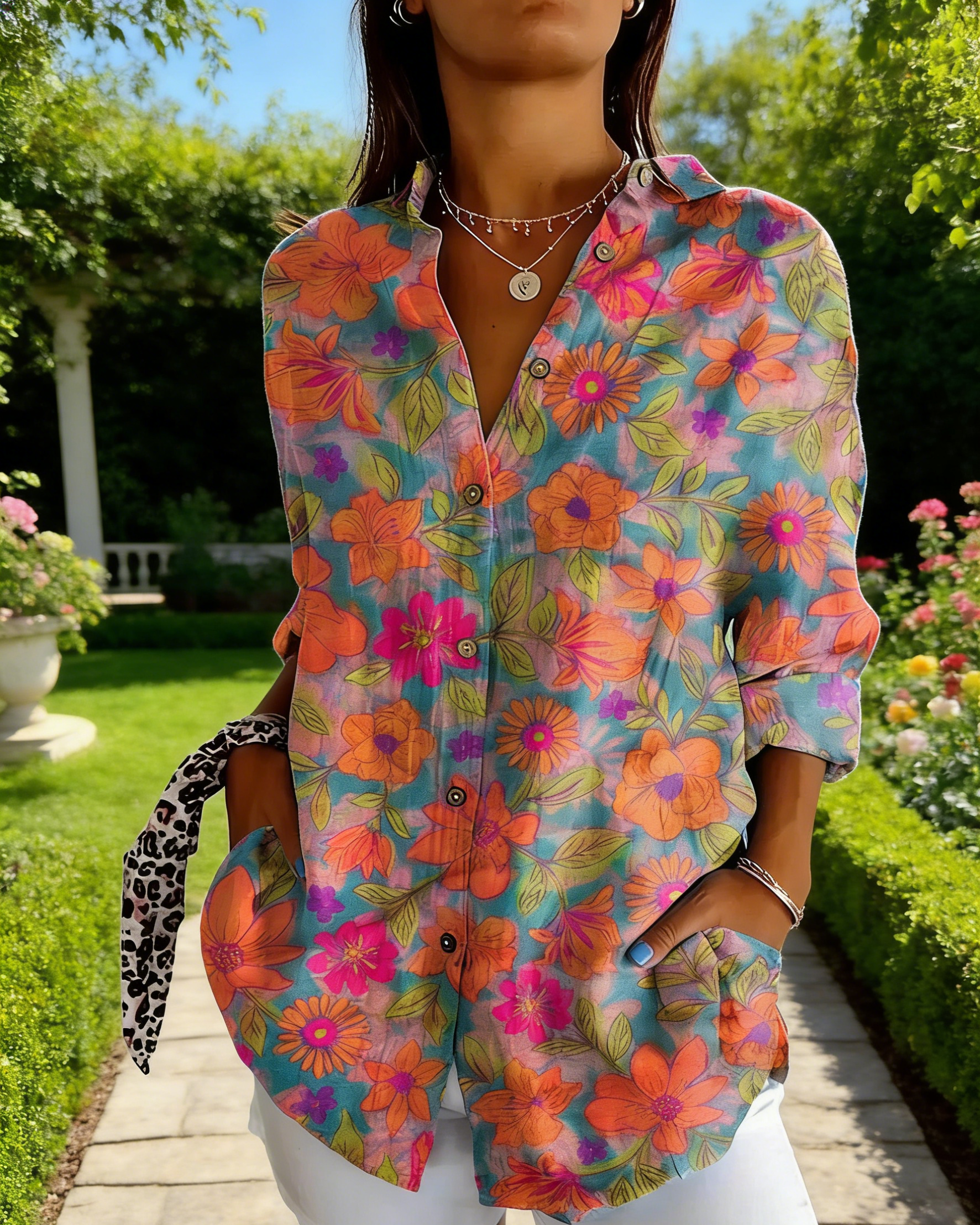 Boho Bluse Damen Bunt: Vintage Floral-Print in Türkis & Orange, Reverskragen, Loose Fit,S-5XL, Ganzjährig