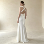 Halterneck Satin Abendkleid Elegant Maxi mit Beinschlitz Neckholder Ballkleid Ärmellos Bodenlang für Damen
