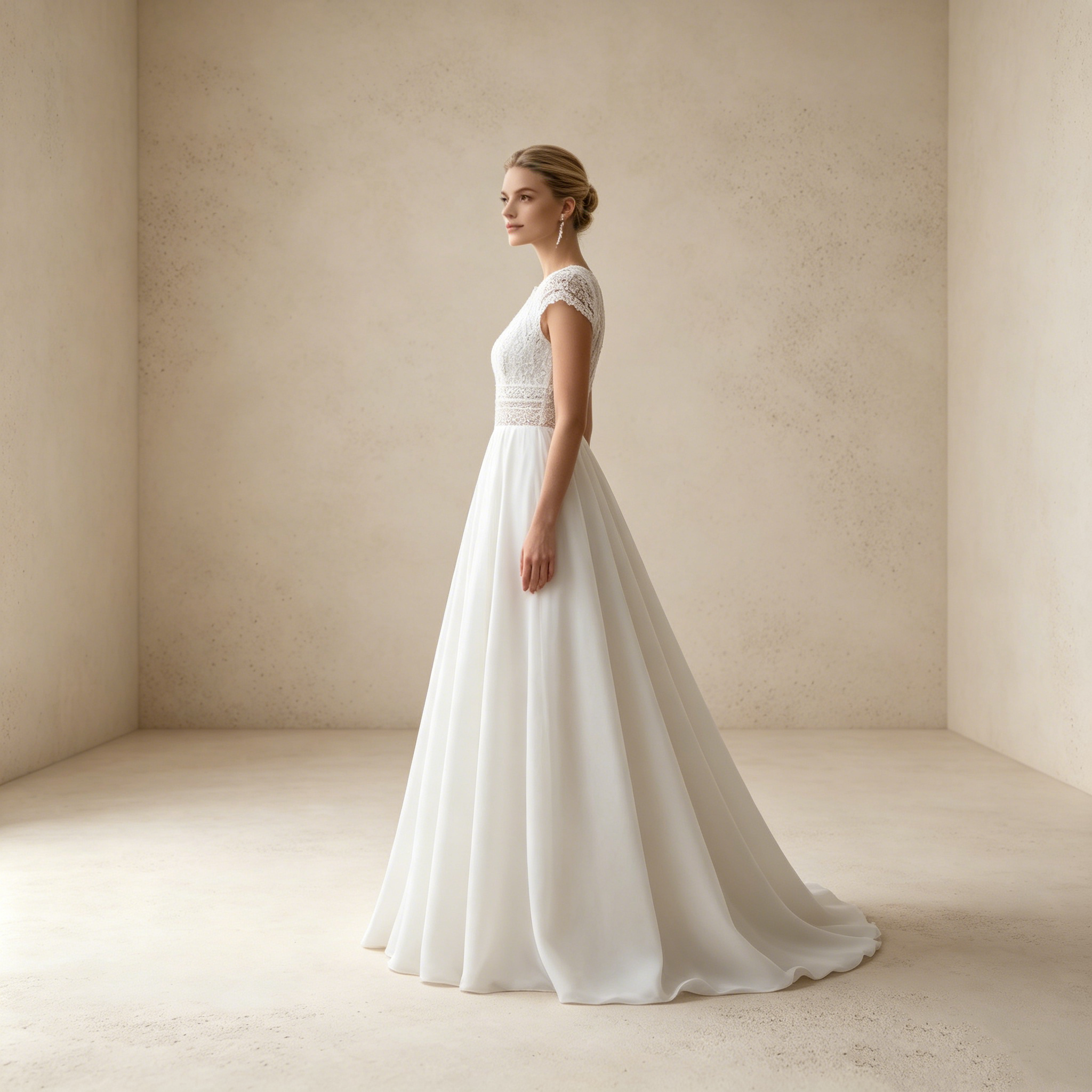 Festliches A-Linien Maxikleid mit Spitze | Elegantes Abendkleid Weiß kurzarm
