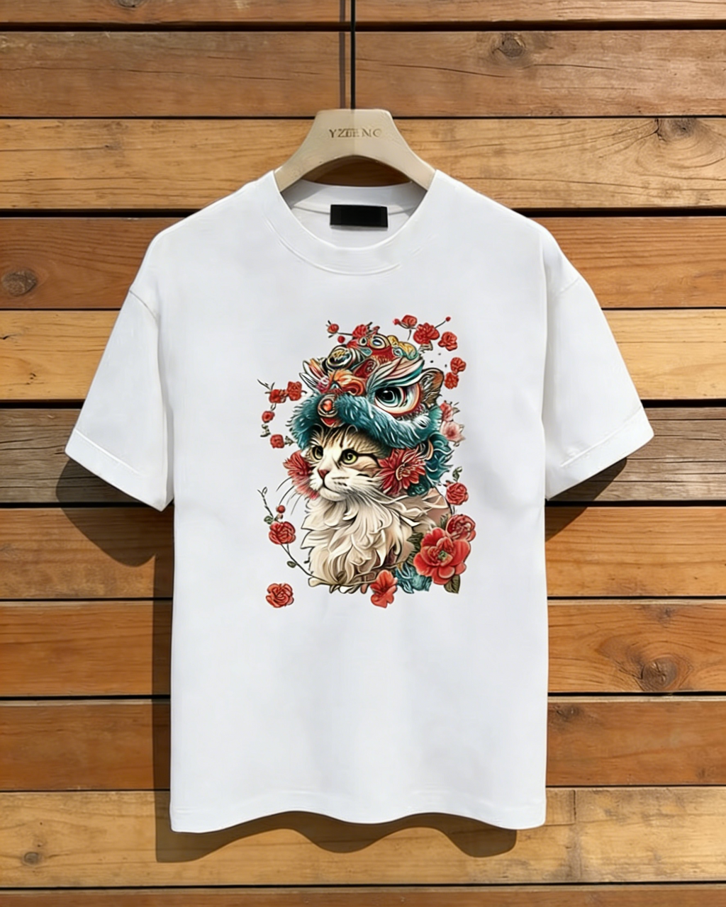 Damen T-Shirt Weiß mit Katzen-Print: Stylisches Grafik-Shirt im Asia-Look, Hochwertige Baumwolle mit Löwentanz-Motiv, Casual Streetwear(Frühling/Sommer/Herbst) S-5XL