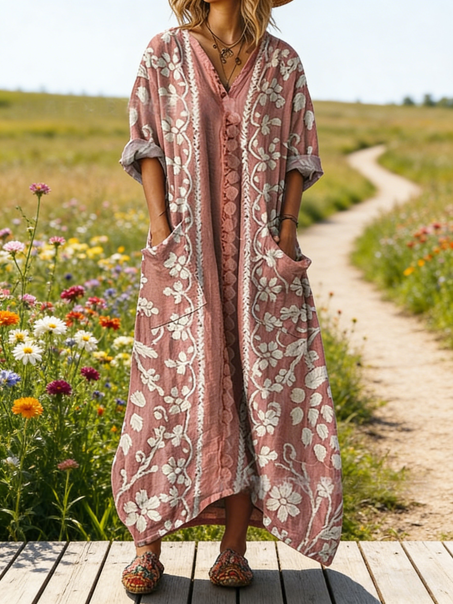 Damen Boho-Maxikleid im Vintage-Stil Altrosa: Kunstvoller Floral-Print, V-Ausschnitt & Praktische Taschen, Bequeme Passform, Ganzjährig S-5XL