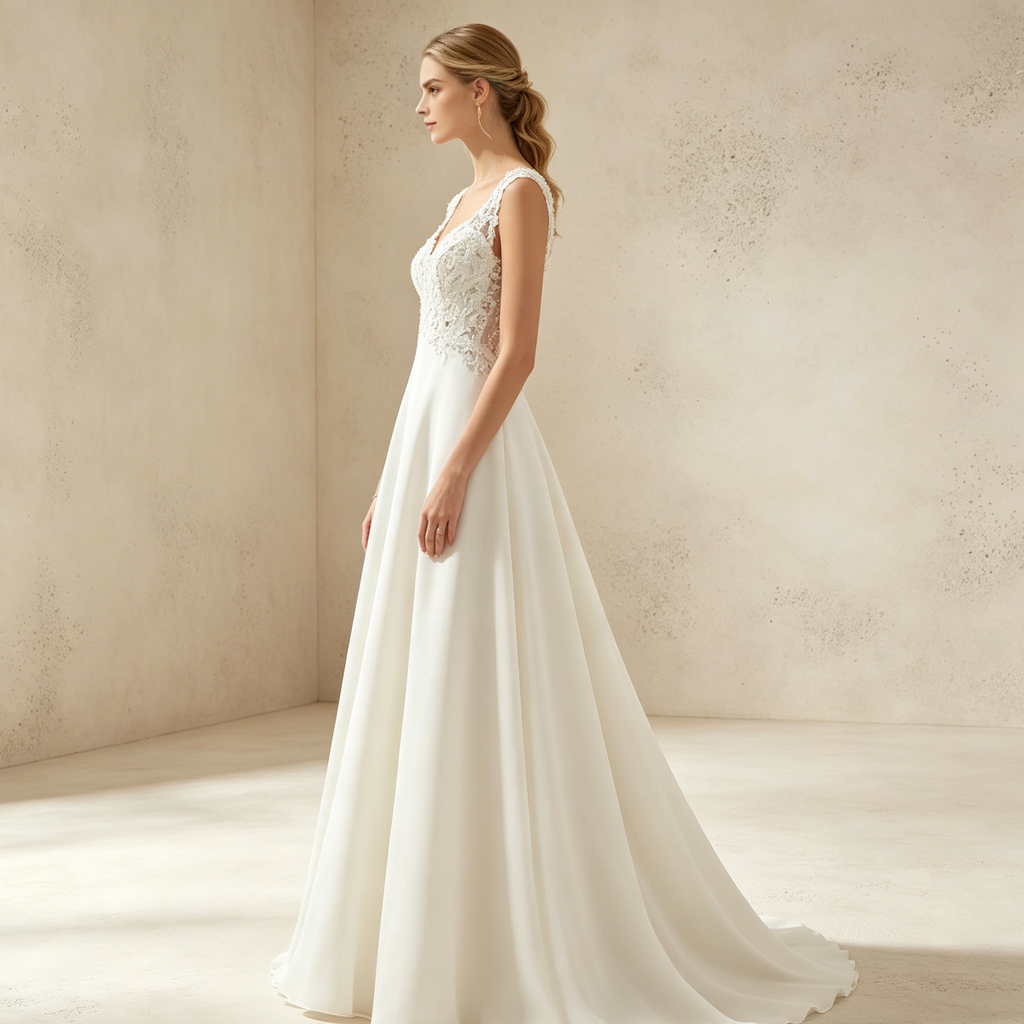 Elegantes A-Linien Abendkleid Weiß Bodenlang | Ärmellos Maxikleid mit Tiefem V-Ausschnitt, Feiner Spitzenstickerei und Fließendem Rock