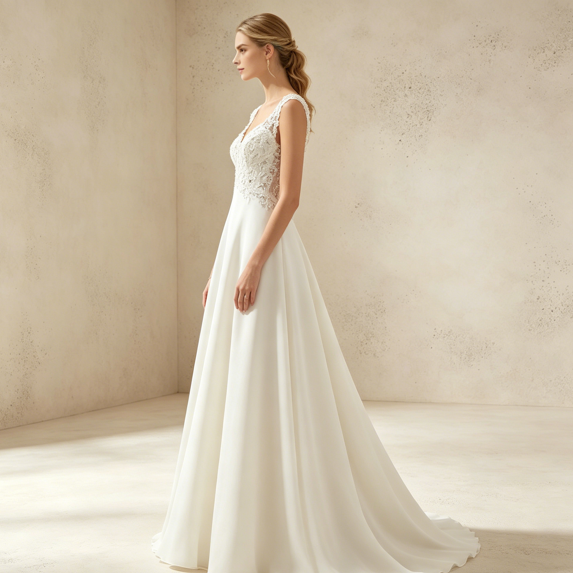 Elegantes A-Linien Abendkleid Weiß Bodenlang | Ärmellos Maxikleid mit Tiefem V-Ausschnitt, Feiner Spitzenstickerei und Fließendem Rock