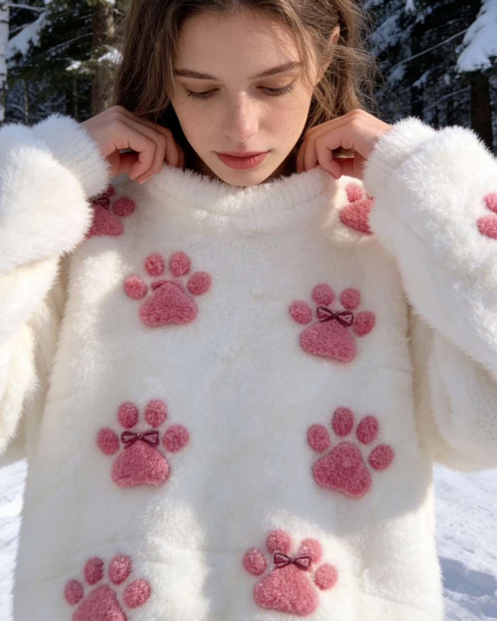 3D-Druck Damen Weißer Flanell Sweatshirt mit Katzenpfoten｜Weiches Warmes Winter Rundhals Oberteil Size S-5XL