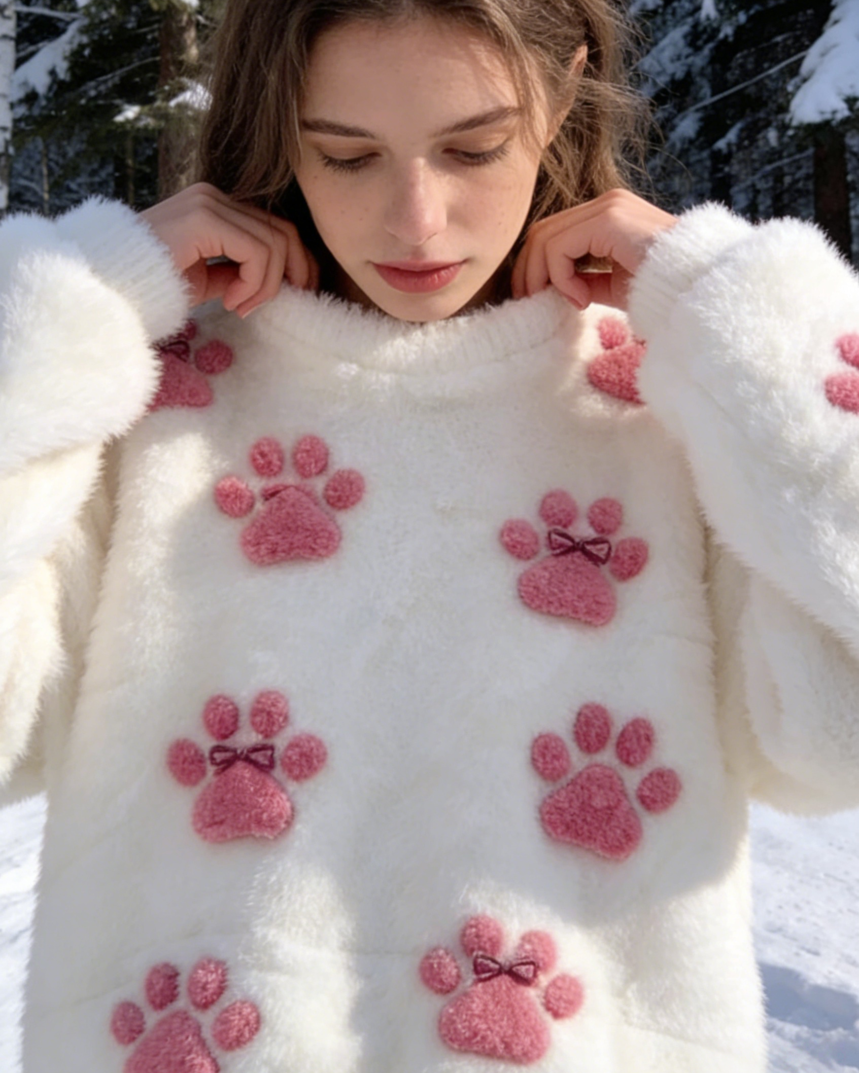 3D-Druck Damen Weißer Flanell Sweatshirt mit Katzenpfoten｜Weiches Warmes Winter Rundhals Oberteil Size S-5XL