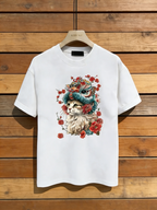 Damen T-Shirt Weiß mit Katzen-Print: Stylisches Grafik-Shirt im Asia-Look, Hochwertige Baumwolle mit Löwentanz-Motiv, Casual Streetwear(Frühling/Sommer/Herbst) S-5XL