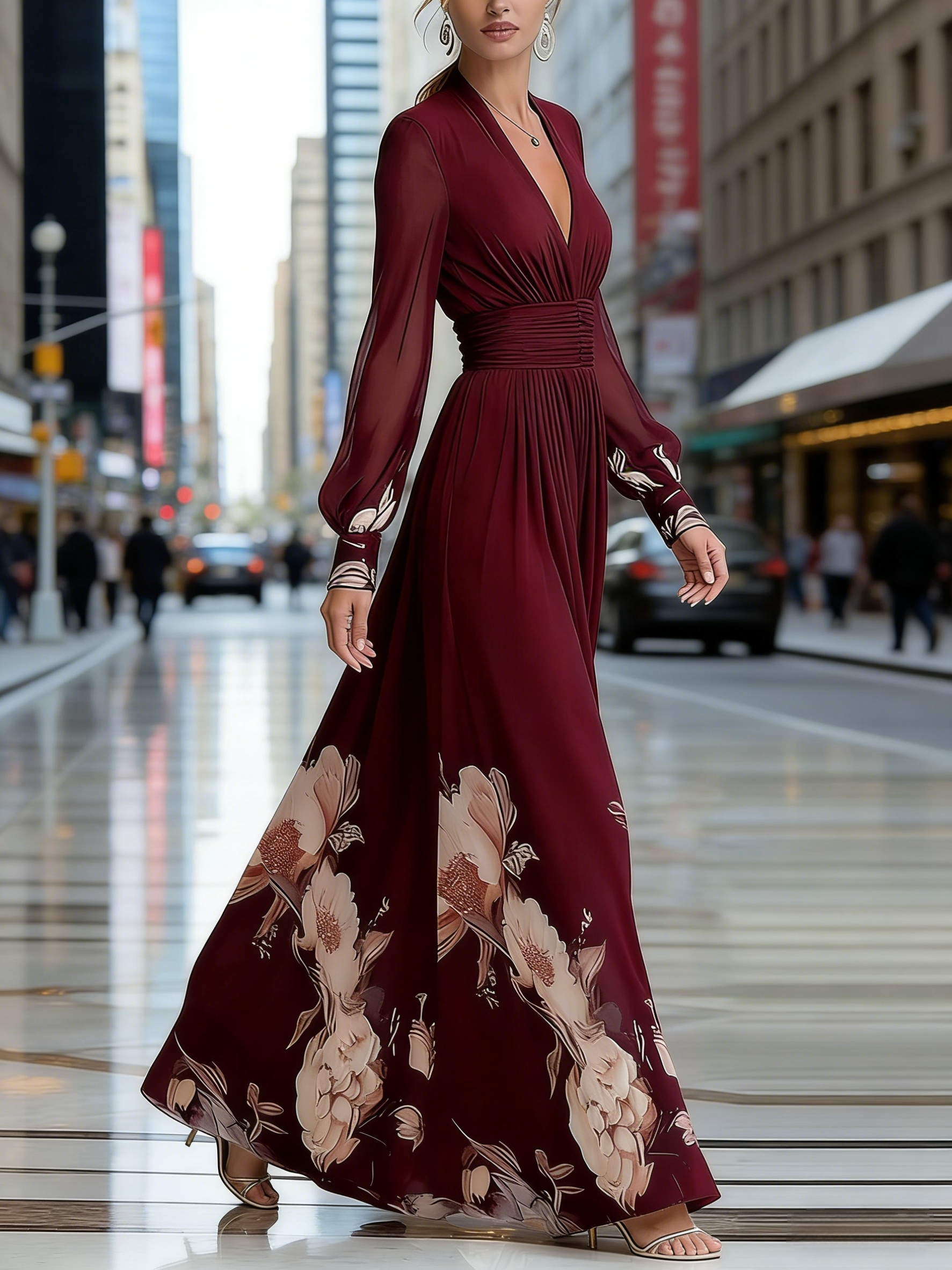 Elegantes Chiffon-Maxikleid Damen Weinrot: Französischer Stil mit Blumenmuster, Figurbetontes Design mit V-Ausschnitt, Ganzjährig S-2XL