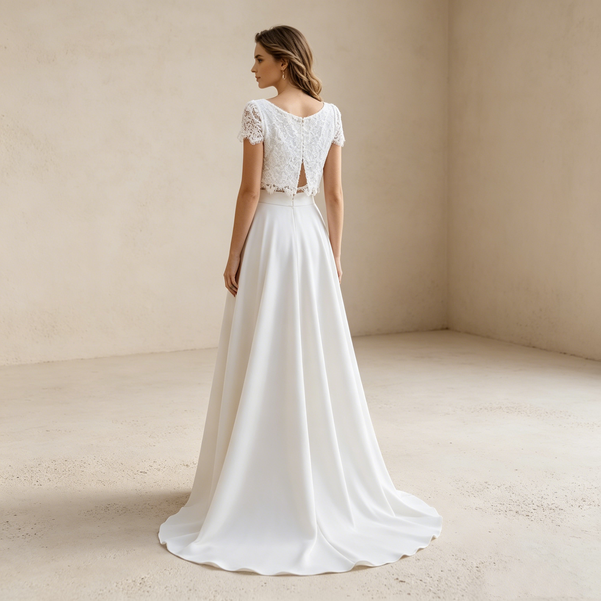 Zweiteiliges Abendkleid mit Spitzenoberteil | Weißes Maxikleid mit Vokuhila-Rock