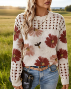 Damen Strickpullover Beige: Großer Blumen-Print mit Ajour-Strick, Elegantes Lochmuster Oberteil für Frühling, Herbst & Winter S-4XL