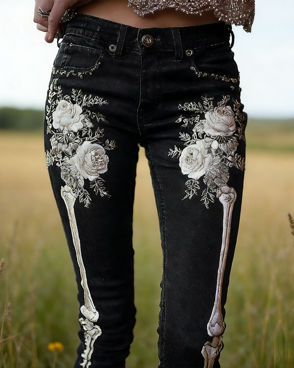 Damen Jeans Dunkelblau: 3D-Druck Rosen & Skelett, Stickerei-Optik, Gothic Style S-5XL