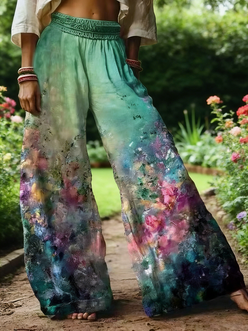 Boho Damen Weite Hose Türkis: Hippie Palazzo-Hose mit Floral-Print, High Waist Sommerhose für Urlaub & Freizeit S-2XL