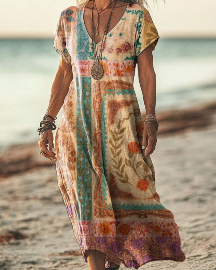 Boho Maxikleid Damen Vintage: Beige & Pastell Mix, V-Ausschnitt, S-3XL, Ganzjährig