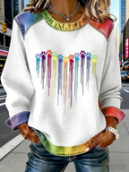 Damen Sweatshirt mit Regenbogen-Pfoten: Weißer Waffelstrick-Pullover, Bunte Jeans-Optik Details, Rundhals & Loose Fit, Ganzjährig S-5XL