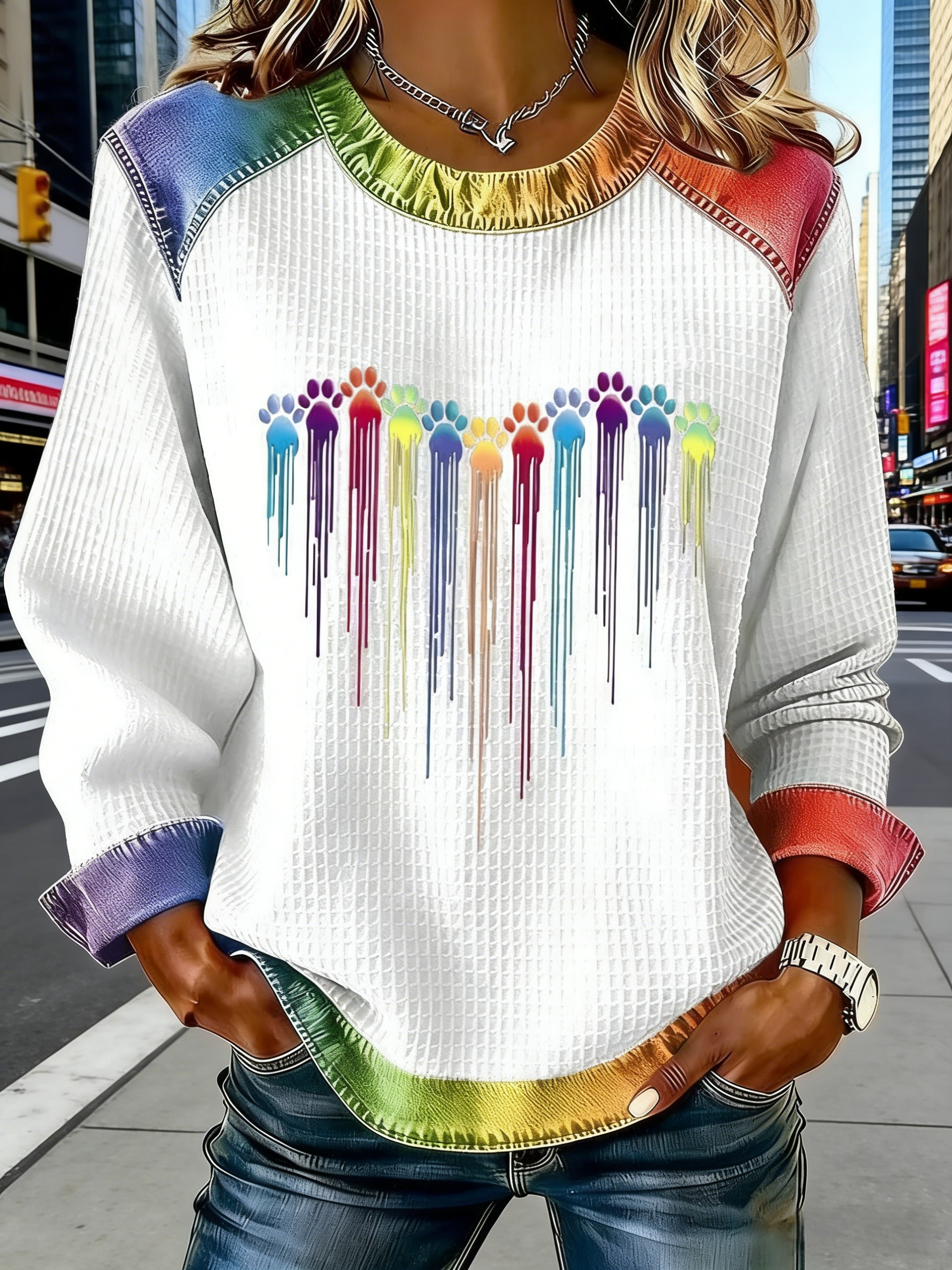 Damen Sweatshirt mit Regenbogen-Pfoten: Weißer Waffelstrick-Pullover, Bunte Jeans-Optik Details, Rundhals & Loose Fit, Ganzjährig S-5XL