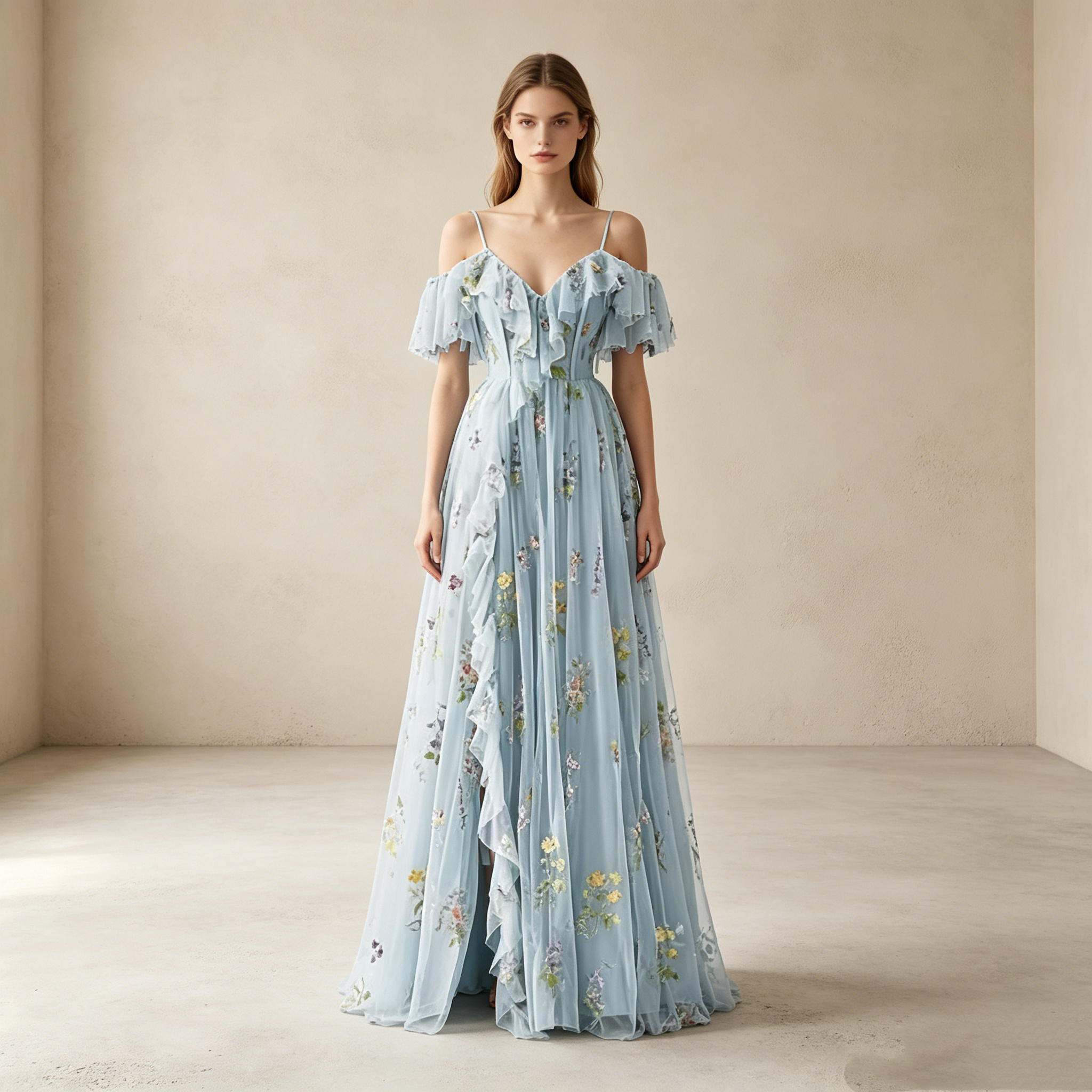 Elegantes Off-Shoulder Abendkleid lang mit Rüschen | Florales Festkleid Tüll