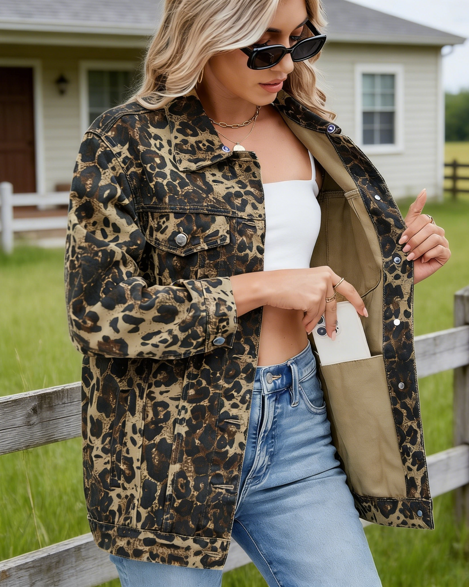 Damen Jeansjacke im Leoparden-Print: Stylische Oversized Denim-Jacke mit praktischen Innentaschen, Klassischer Vintage-Look, Casual Übergangsjacke, Ganzjährig S-2XL