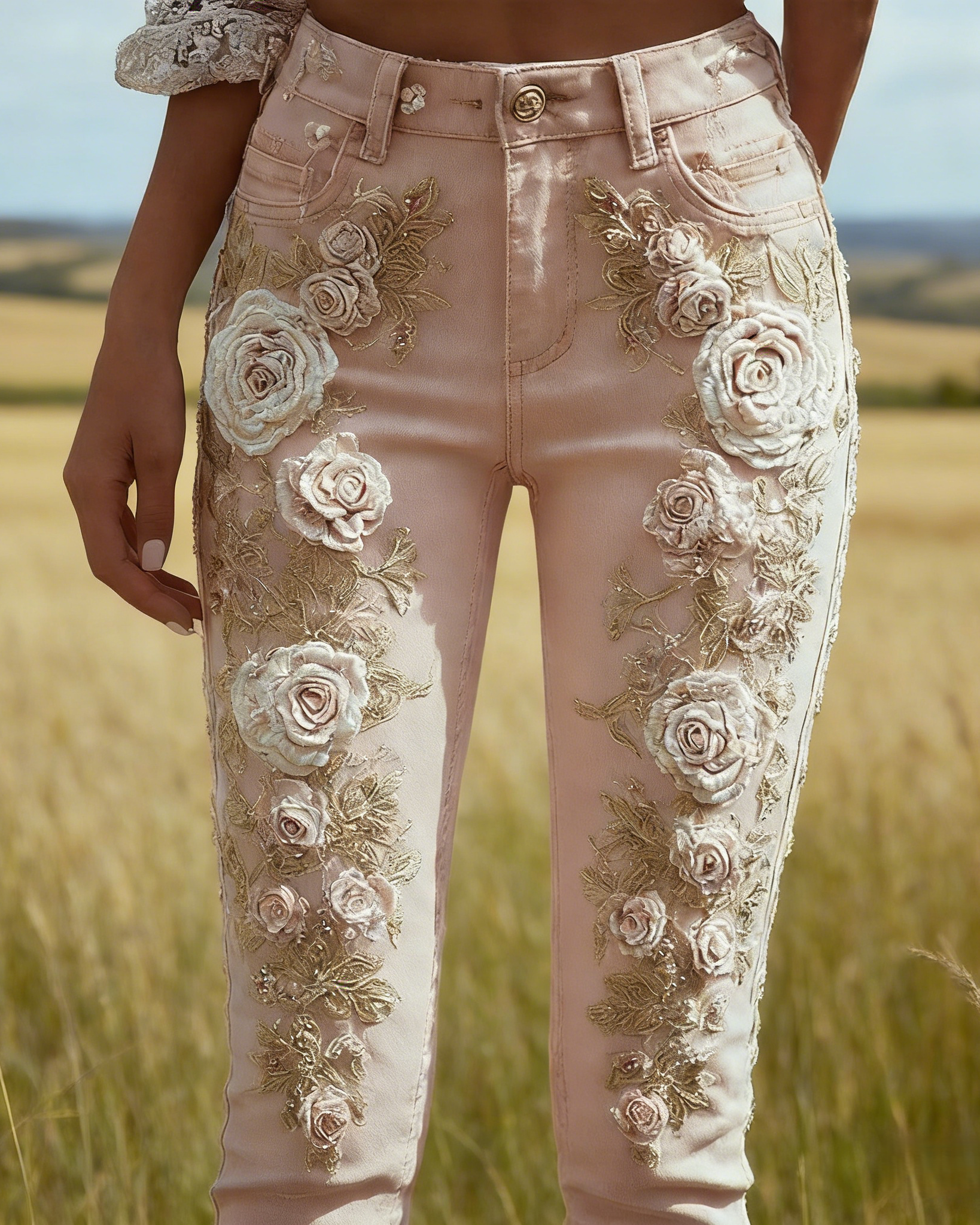 Damen Skinny Jeans Altrosa: 3D-Druck Rosen-Stickerei Optik, Shaping, Denim S-5XL