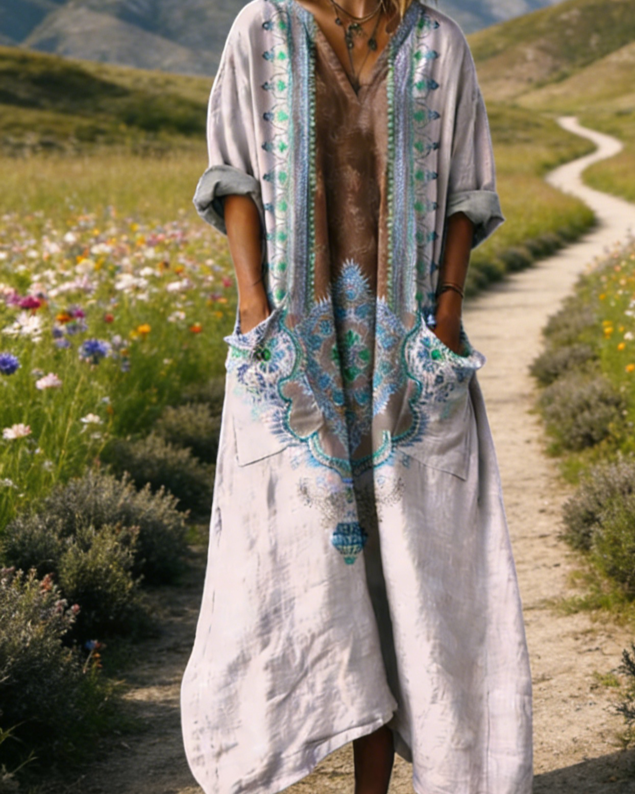 Damen Boho-Maxikleid im Vintage-Stil Dunkelblau: Klassischer Floral-Print, V-Ausschnitt & Praktische Taschen, Bequeme Passform, Ganzjährig S-5XL