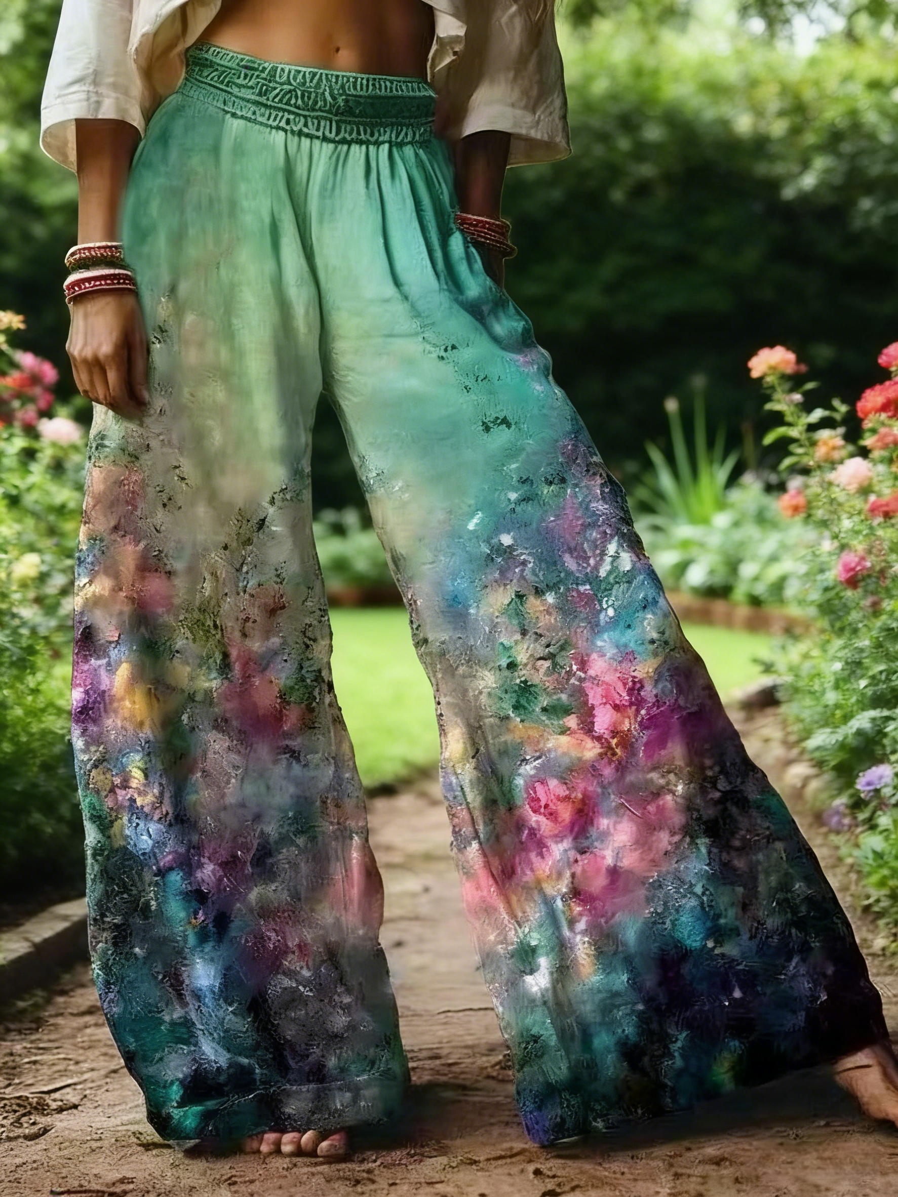 Boho Damen Weite Hose Türkis: Hippie Palazzo-Hose mit Floral-Print, High Waist Sommerhose für Urlaub & Freizeit S-2XL