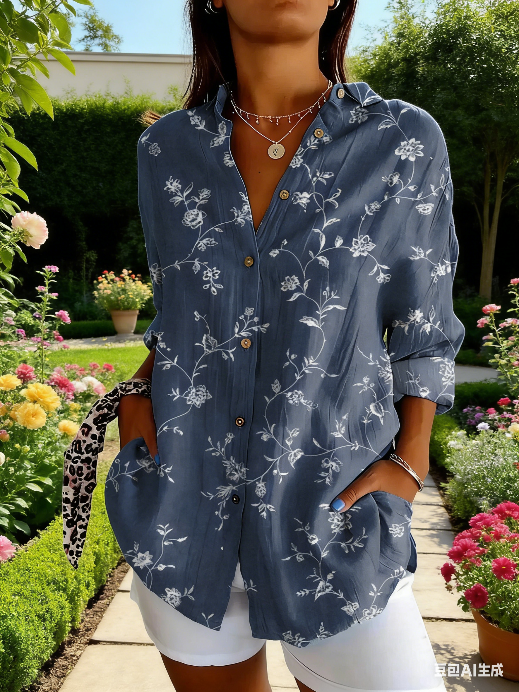 Boho Bluse Damen Dunkelblau: Vintage Floral-Print in Weiß, Reverskragen, Loose Fit,S-5XL, Ganzjährig