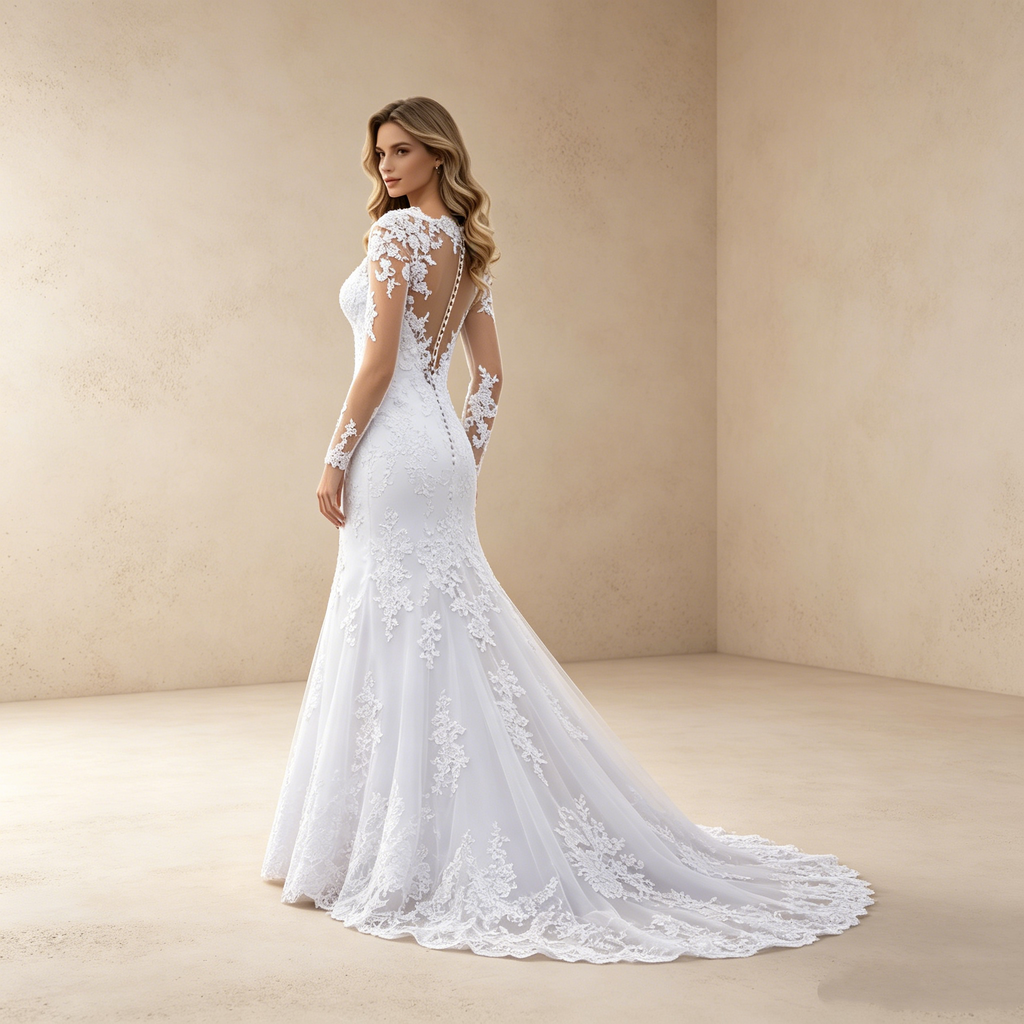 Elegantes Meerjungfrau Abendkleid in Weiß mit Schleppe | Figurbetontes Spitzenkleid mit Langen Ärmeln und Transparentem Ausschnitt