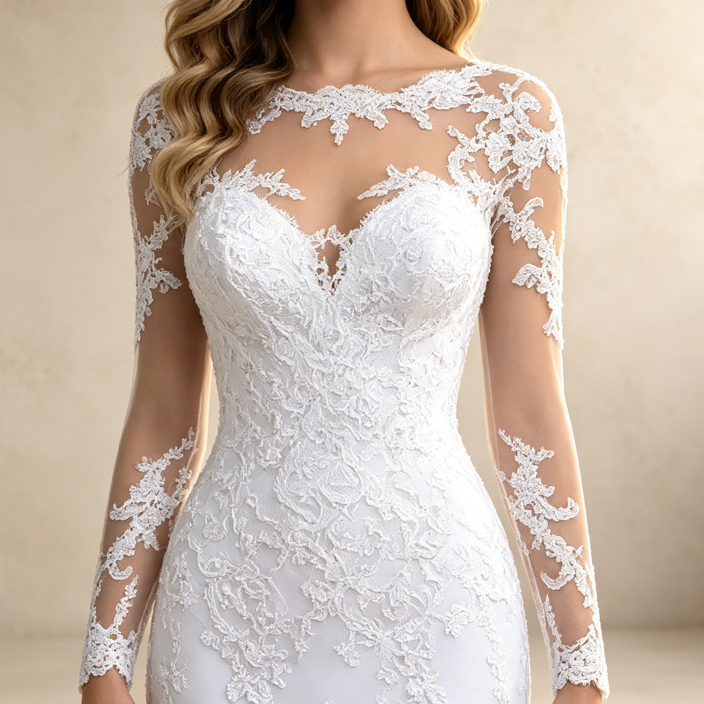 Elegantes Meerjungfrau Abendkleid in Weiß mit Schleppe | Figurbetontes Spitzenkleid mit Langen Ärmeln und Transparentem Ausschnitt