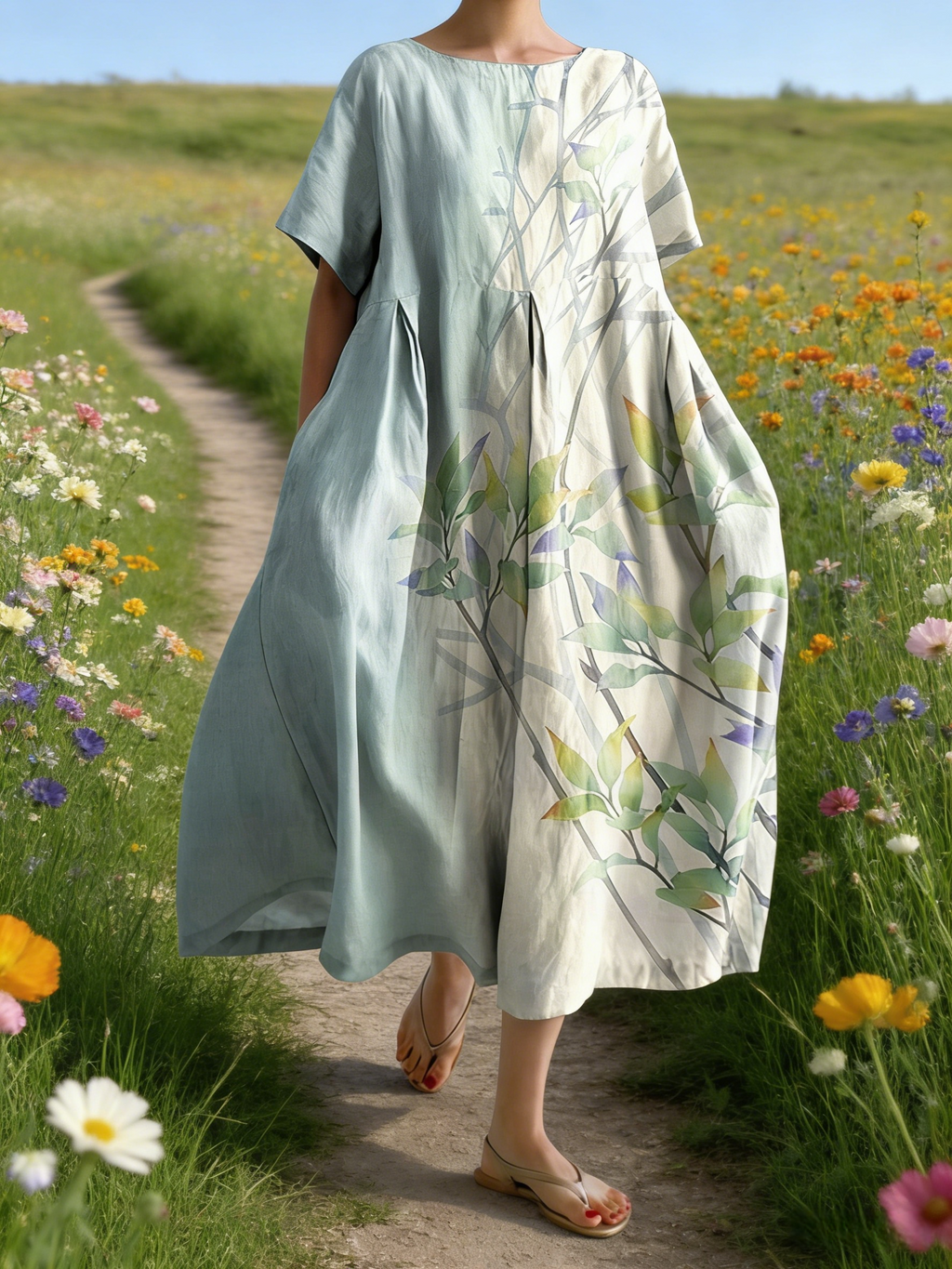 Damen Boho-Maxikleid im Japan-Stil Graublau: Naturgetreuer Blatt-Print, Rundhals & Praktische Taschen, Luftige Passform, Ganzjährig S-5XL