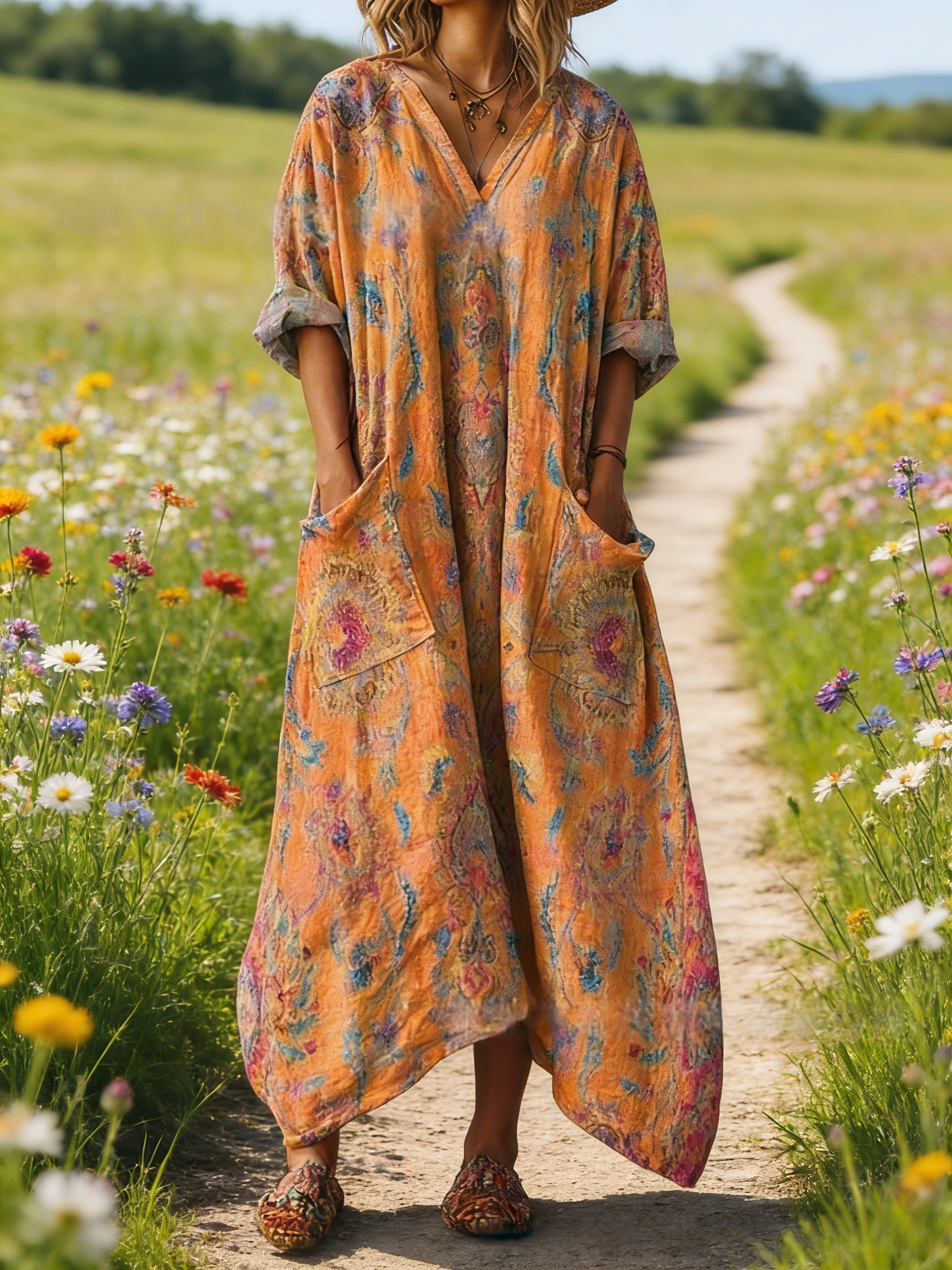 Boho-Maxikleid Damen Vintage-Stil in Orange: Retro-Blumenprint, V-Ausschnitt & Praktische Taschen, Bequeme Passform, Ganzjährig S-5XL